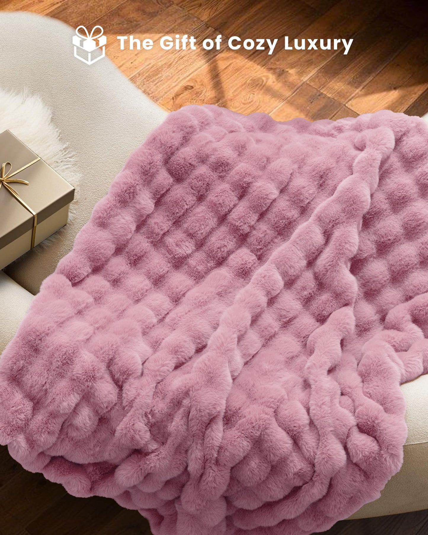 Ultra Soft Cozy Faux Fur Throw Blanket, Fuzzy Plush Thick Bubble Blanket, Oversize Luxury Fluffy Blanket for Couch, Sofa, Bedroom, and Living Room, 50x60 Inches, Light Brown