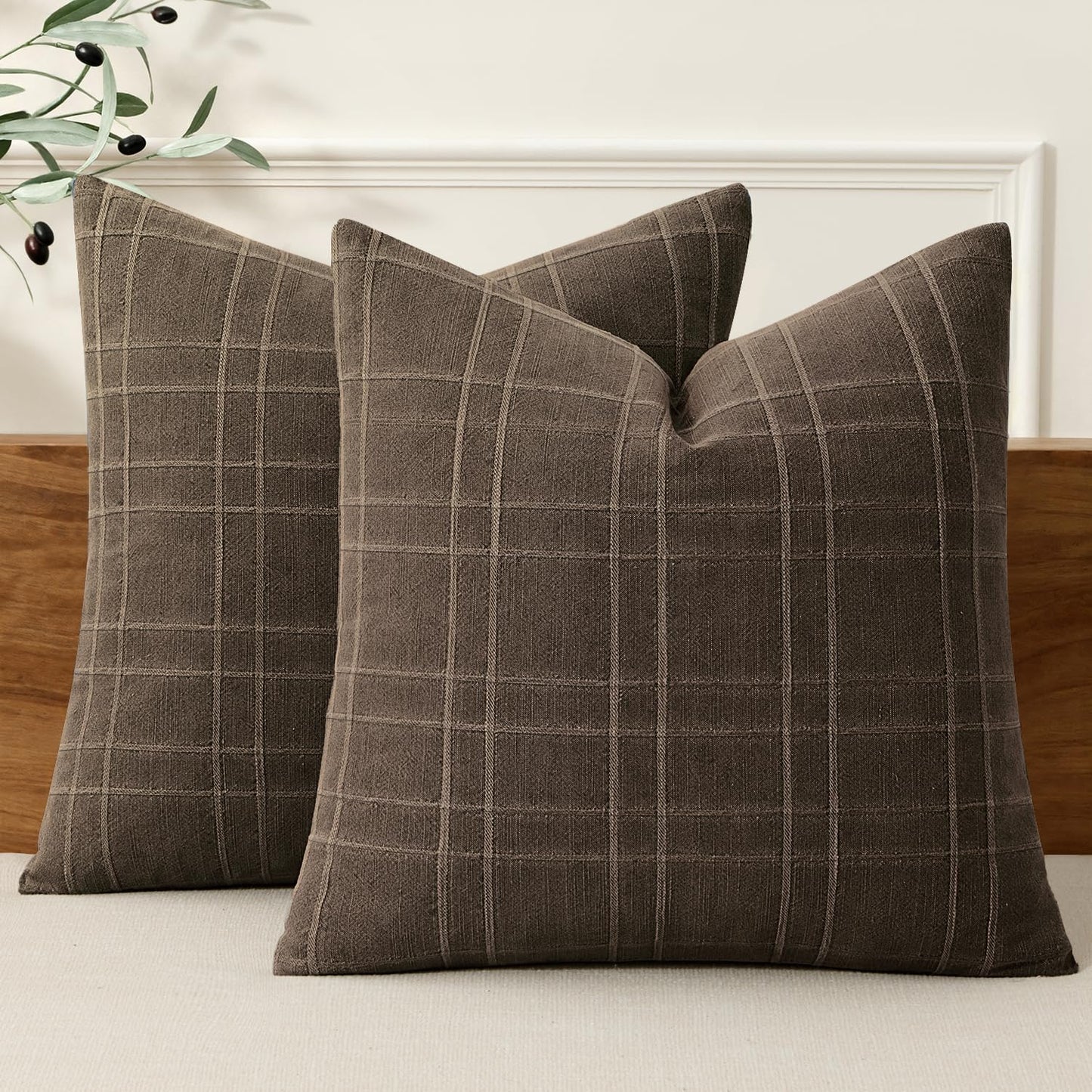 MIULEE Linen Plaid Pillow Covers Decorative 18x18 Dark Olive Green