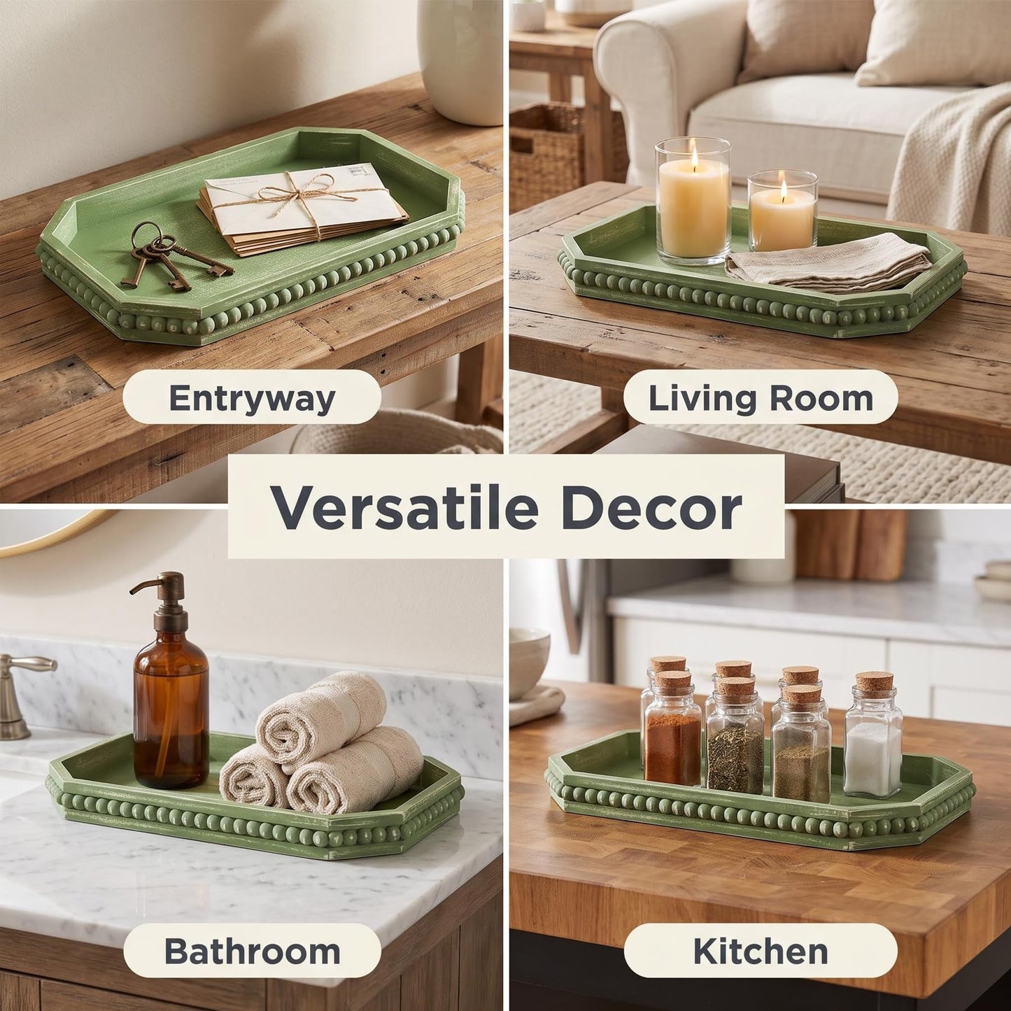 Hrastany Wood Rustic Serving Tray with Beads, Farmhouse Brown Decorative Tray for Table Centerpiece, Christmas Wedding Halloween Home Decor
