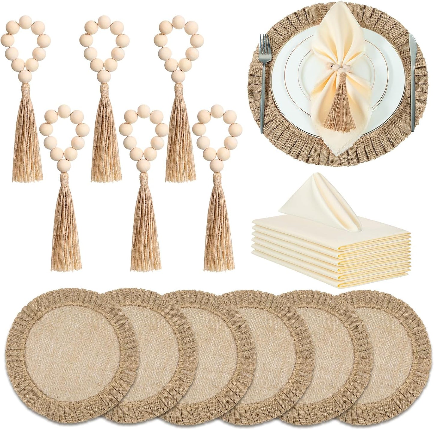 Gejoy 18 Pcs Burlap Placemat Wood Napkin Ring Dinner Napkin, Natural