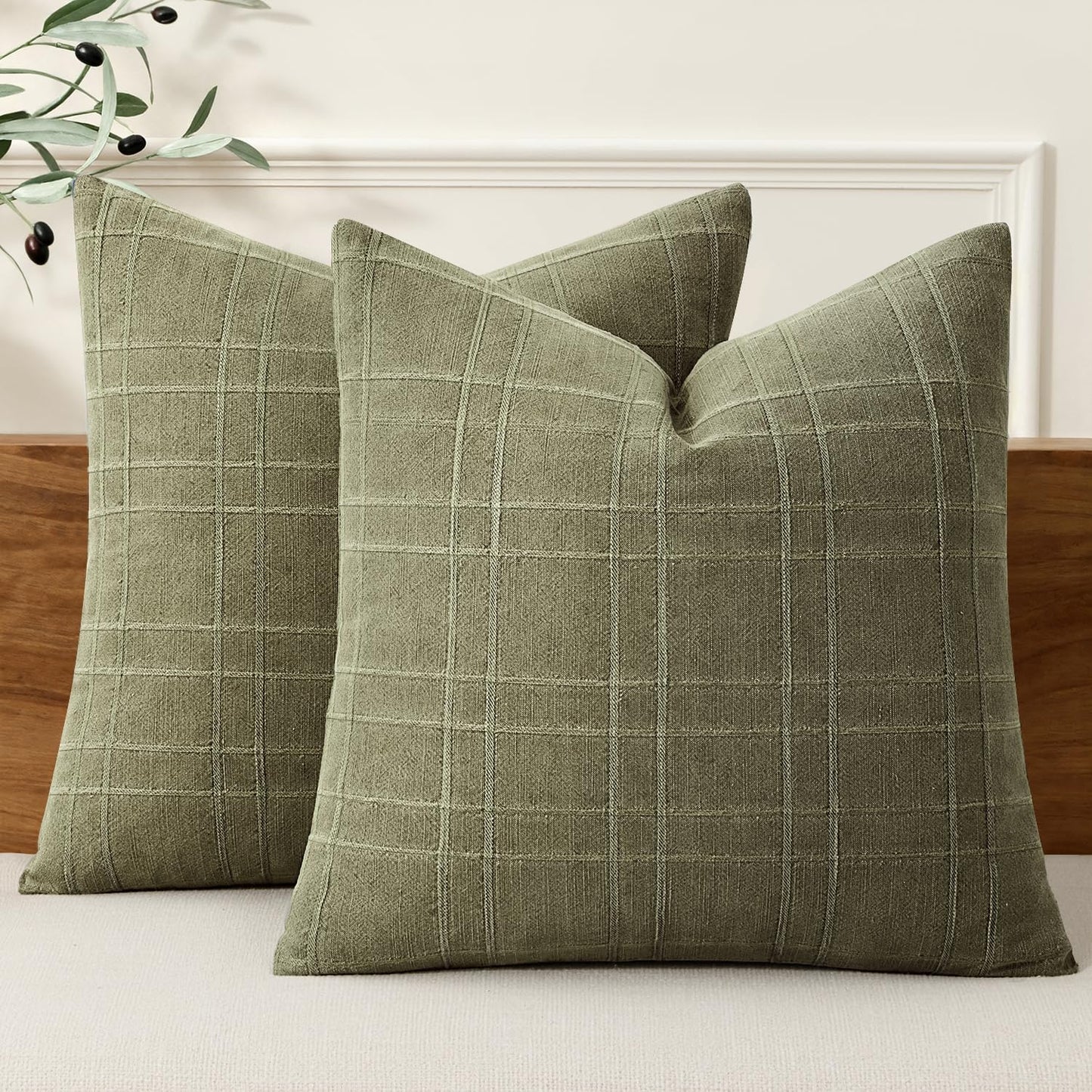 MIULEE Linen Plaid Pillow Covers Decorative 18x18 Dark Olive Green