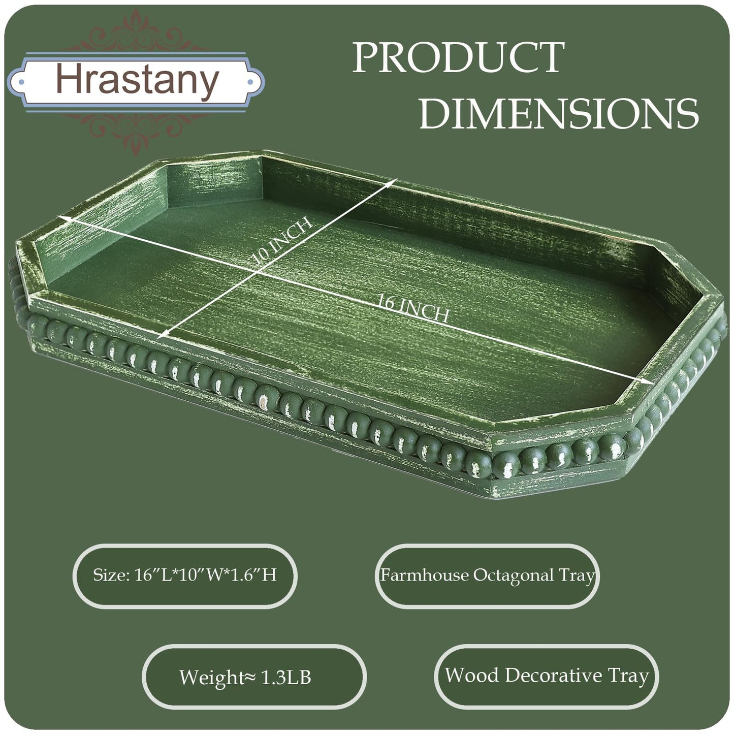 Hrastany Wood Rustic Serving Tray with Beads, Farmhouse Brown Decorative Tray for Table Centerpiece, Christmas Wedding Halloween Home Decor