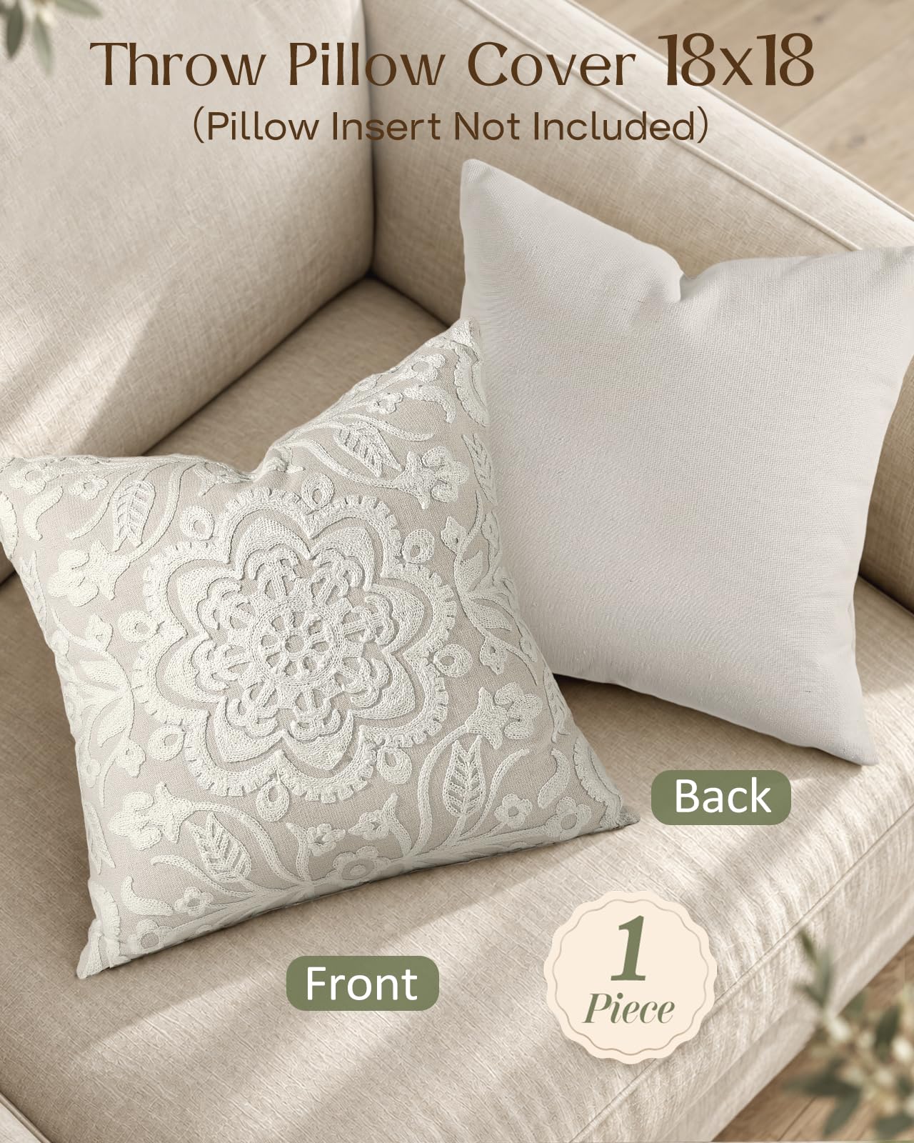 Linen Embroidered Throw Pillow Cover, 18x18 Inch, Khaki Bird