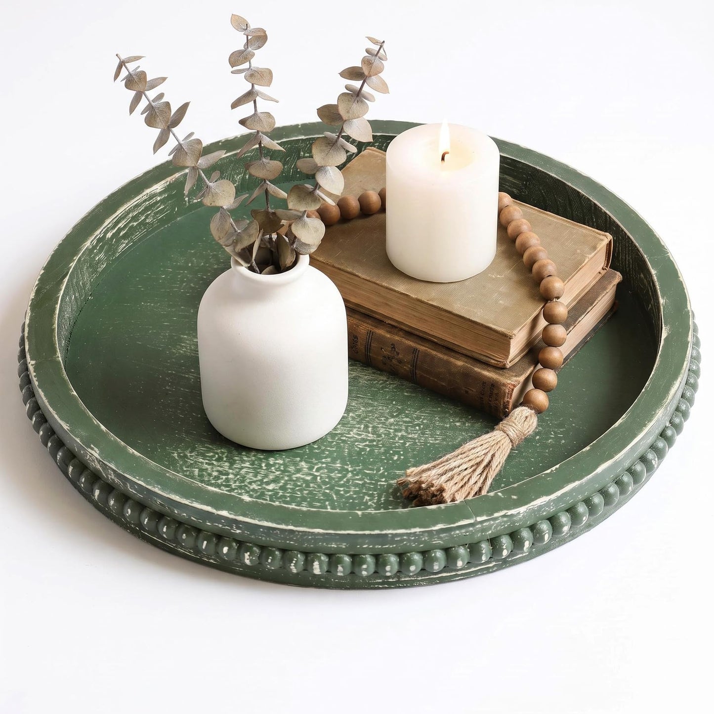 Hrastany Wood Rustic Serving Tray with Beads, Farmhouse Brown Decorative Tray for Table Centerpiece, Christmas Wedding Halloween Home Decor