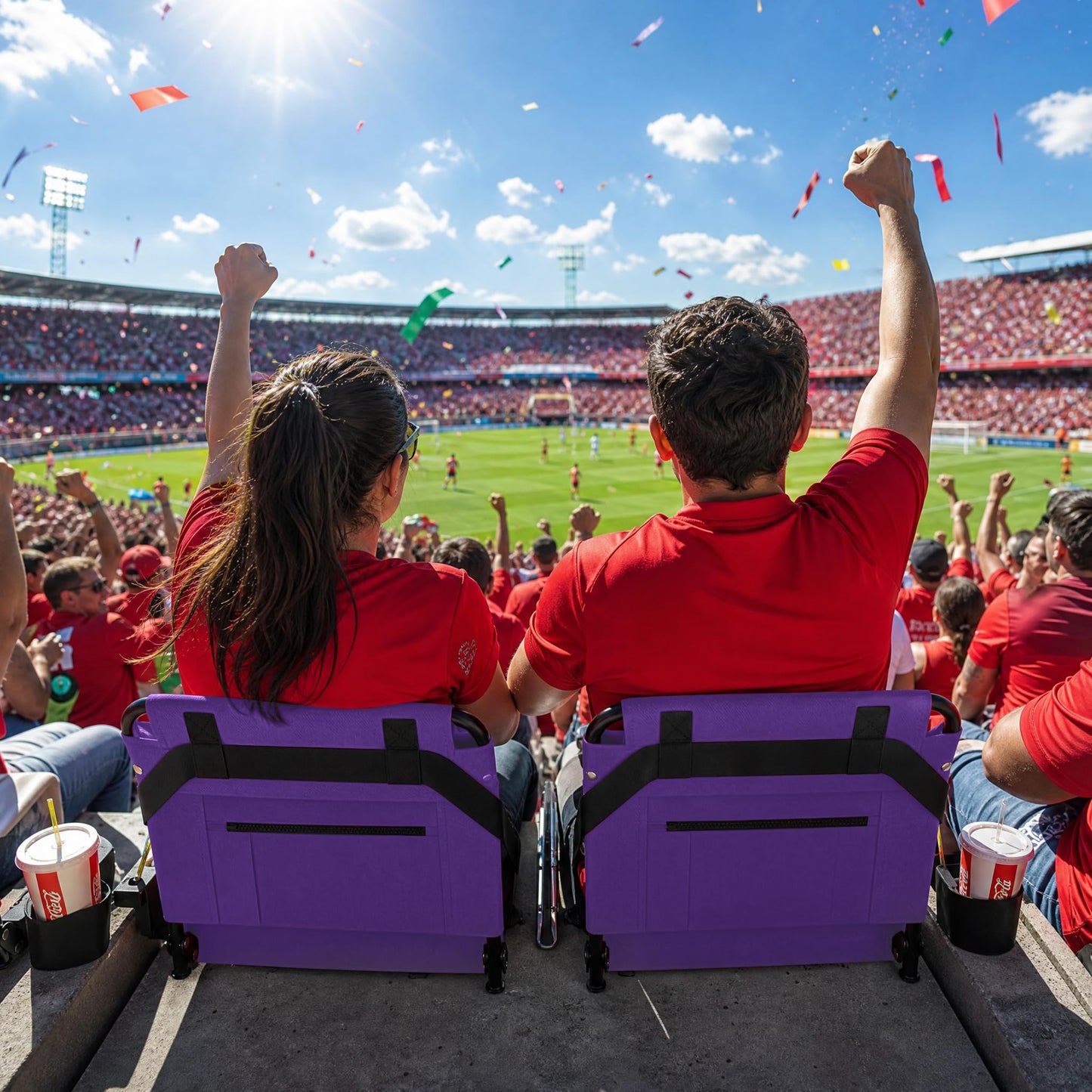 2pcs Stadium Seat for Bleachers with Back Support，Portable Bleacher Chairs with Back and Cushion，Includes Shoulder Strap and Cup Holder