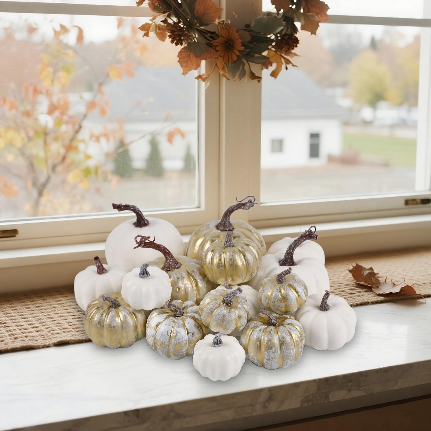 winemana 12 Pcs Pumpkin Fall Decorations, Golden Artificial Pumpkins