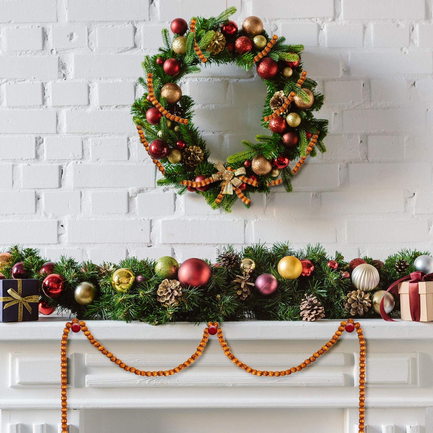 WILLBOND 16 Feet Wood Bead Garland Christmas Tree, Wood Color
