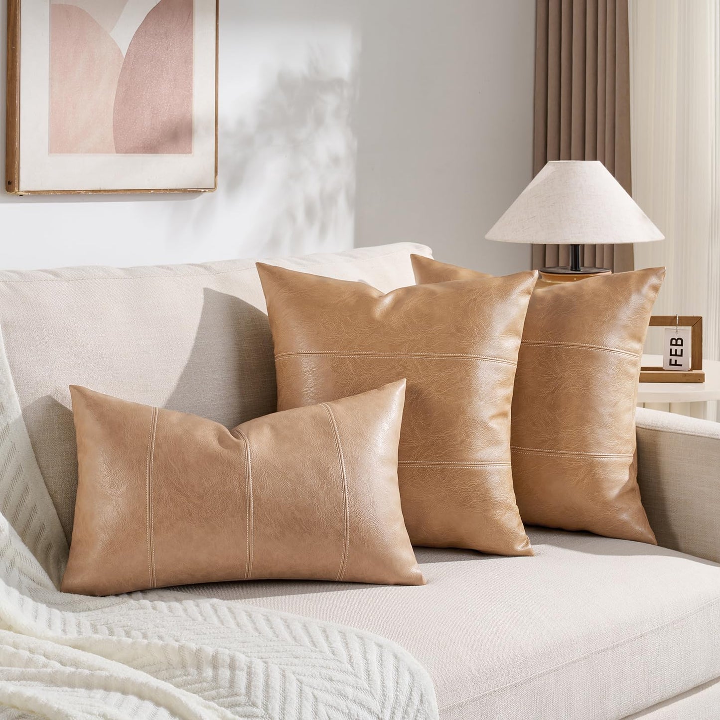 Fancy Homi Brown Boho Long Lumbar Faux Leather Body Decorative Throw Pillow Cover 14x36 Inch for Bedroom Couch Bed Bench, Thick Stylish Solid Rectangle Pillowcase, Rustic Modern Farmhouse Room Decor