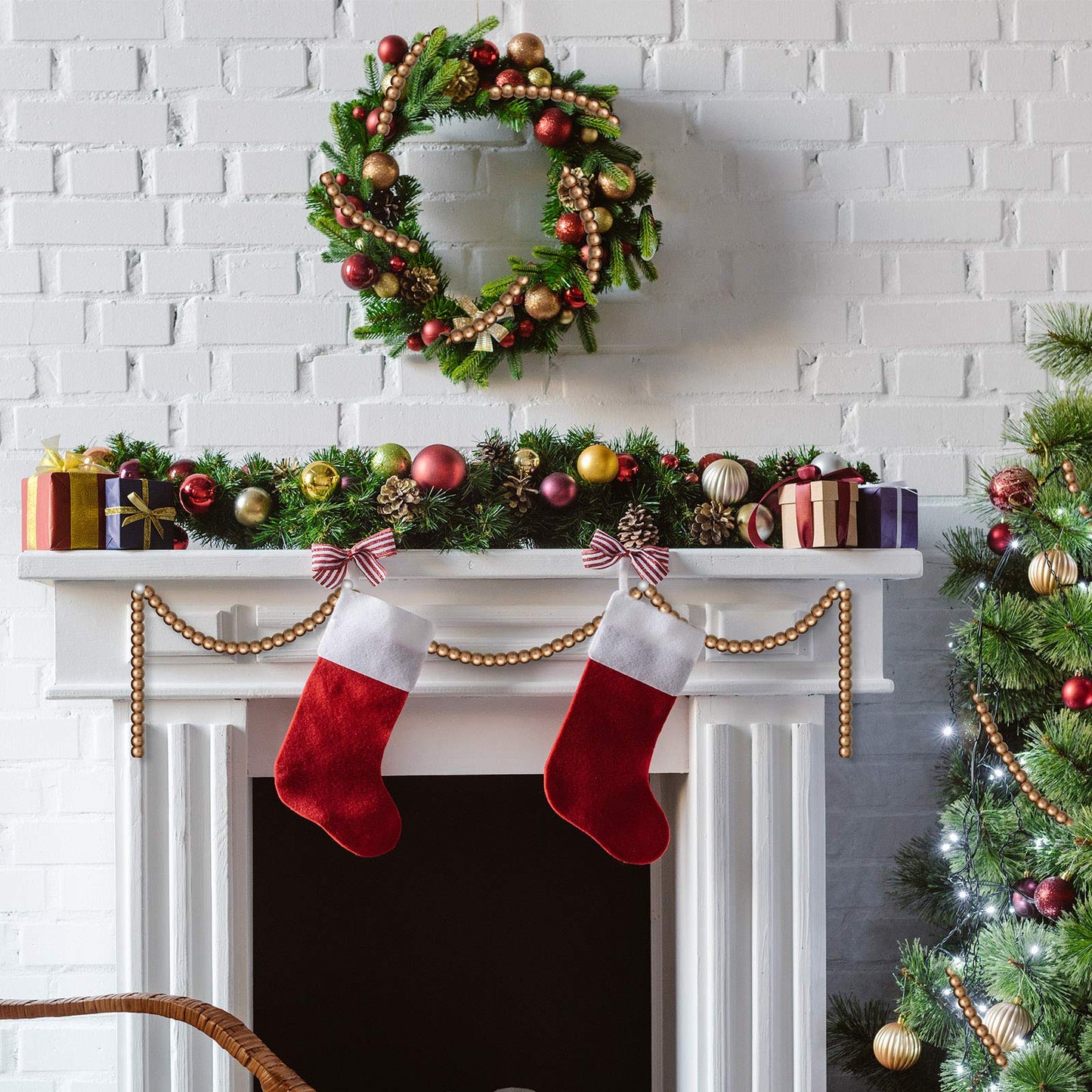 WILLBOND 16 Feet Wood Bead Garland Christmas Tree, Wood Color