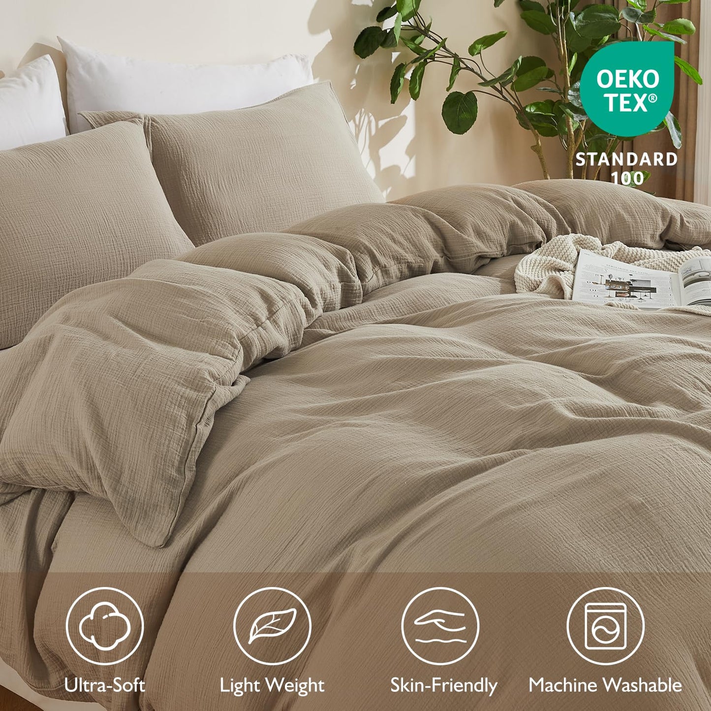 EMME Muslin Cotton Duvet Cover Set Linen Like Beige Queen