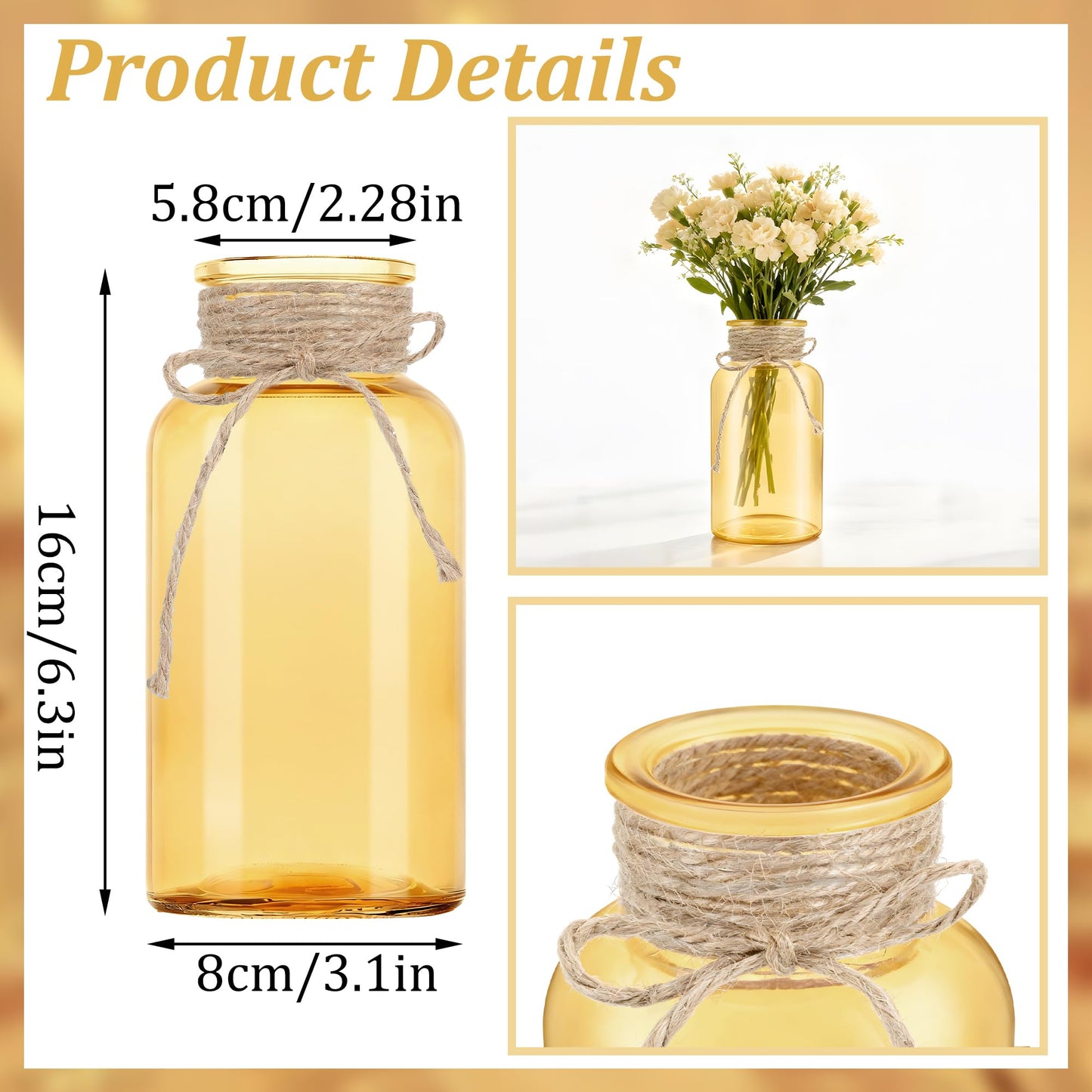 3 Pack Mason Jar Vases for Centerpieces, Amber Glass Flower Vase