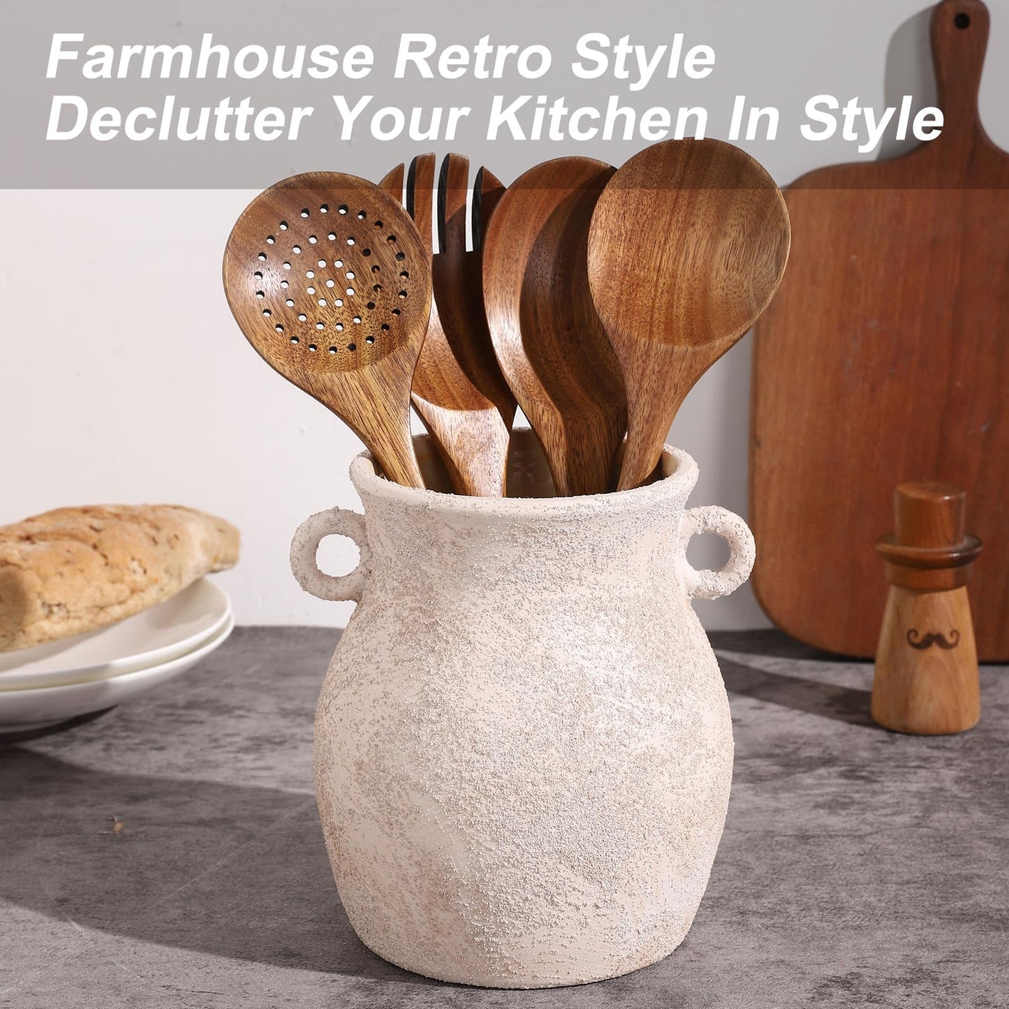 Ceramic Farmhouse Kitchen Utensil Holder for Countertop, Rustic Cooking Utensil Holder Crock Fit for Kitchen Counter.