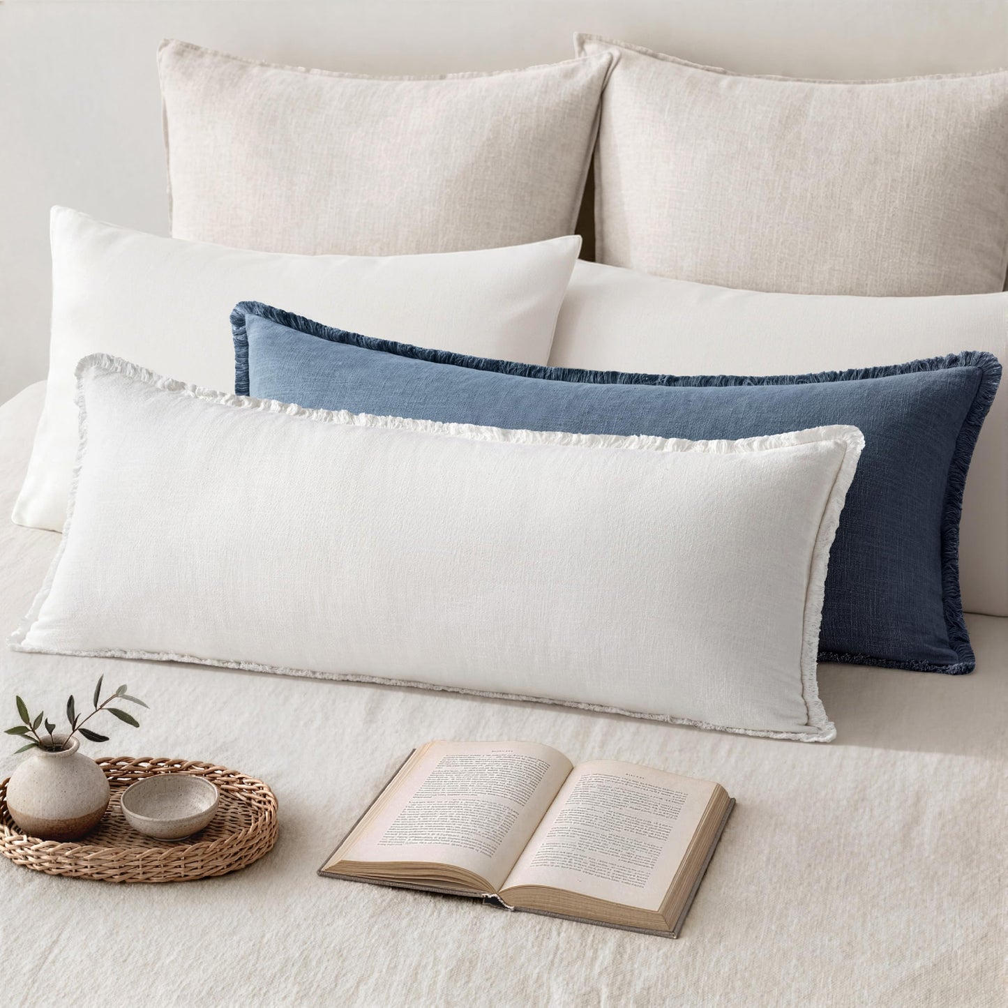 MIULEE 14x36 Long Linen Lumbar Pillow Covers Set of 1 Light Olive Green