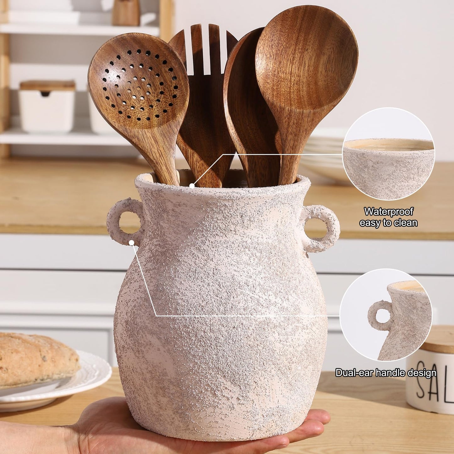 Ceramic Farmhouse Kitchen Utensil Holder for Countertop, Rustic Cooking Utensil Holder Crock Fit for Kitchen Counter.