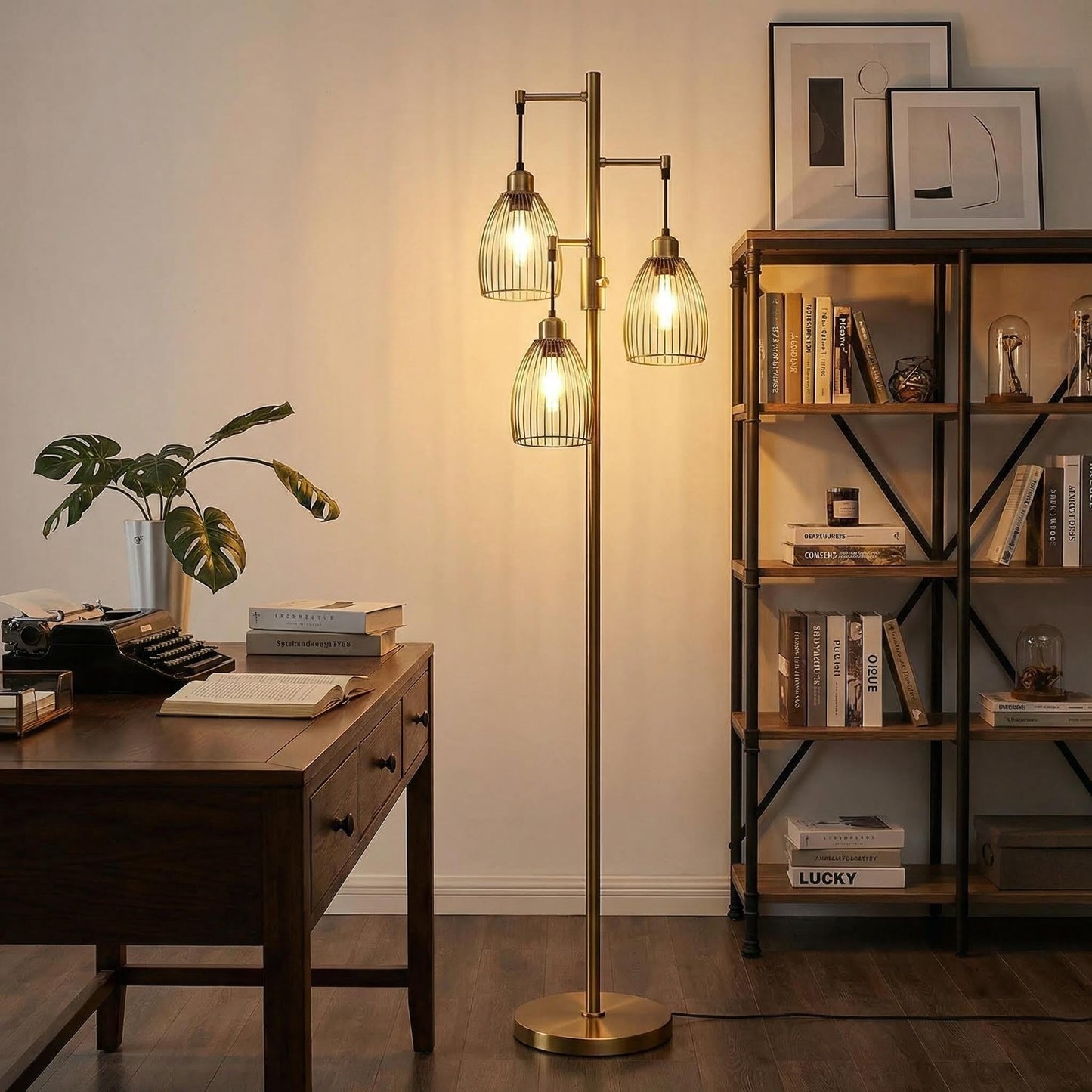 Dimmable Floor Lamp, Industrial Floor Lamps for Living Room, Gold Tree Lamp Standing Lamp Tall Lamps with 3 Elegant Teardrop Cage Head & 800 Lumens LED Bulbs for Living room Bedroom Office Dining Room