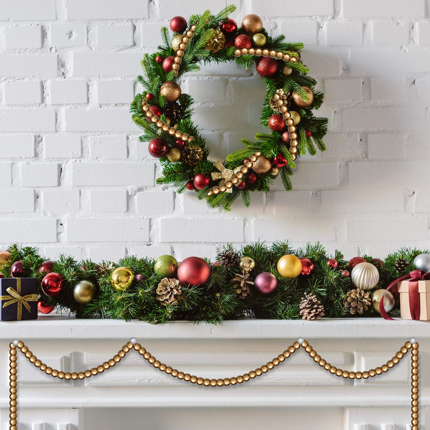 WILLBOND 16 Feet Wood Bead Garland Christmas Tree, Wood Color