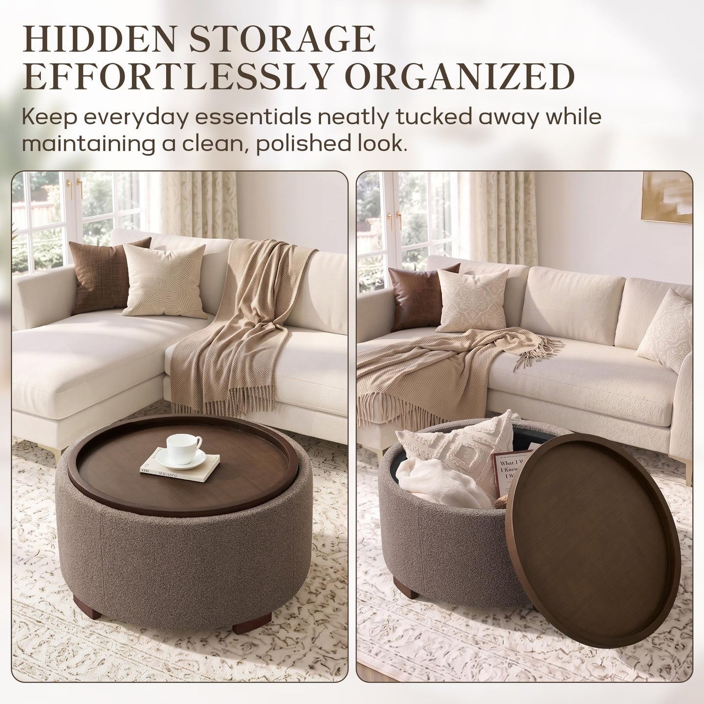 Zihanhome 30 Inch Round Storage Ottoman, Ottoman Coffee Table with Lift Off Lid, Boucle Modern Ottomans with Storage for Living Room, Bedroom, Apartments (Green)