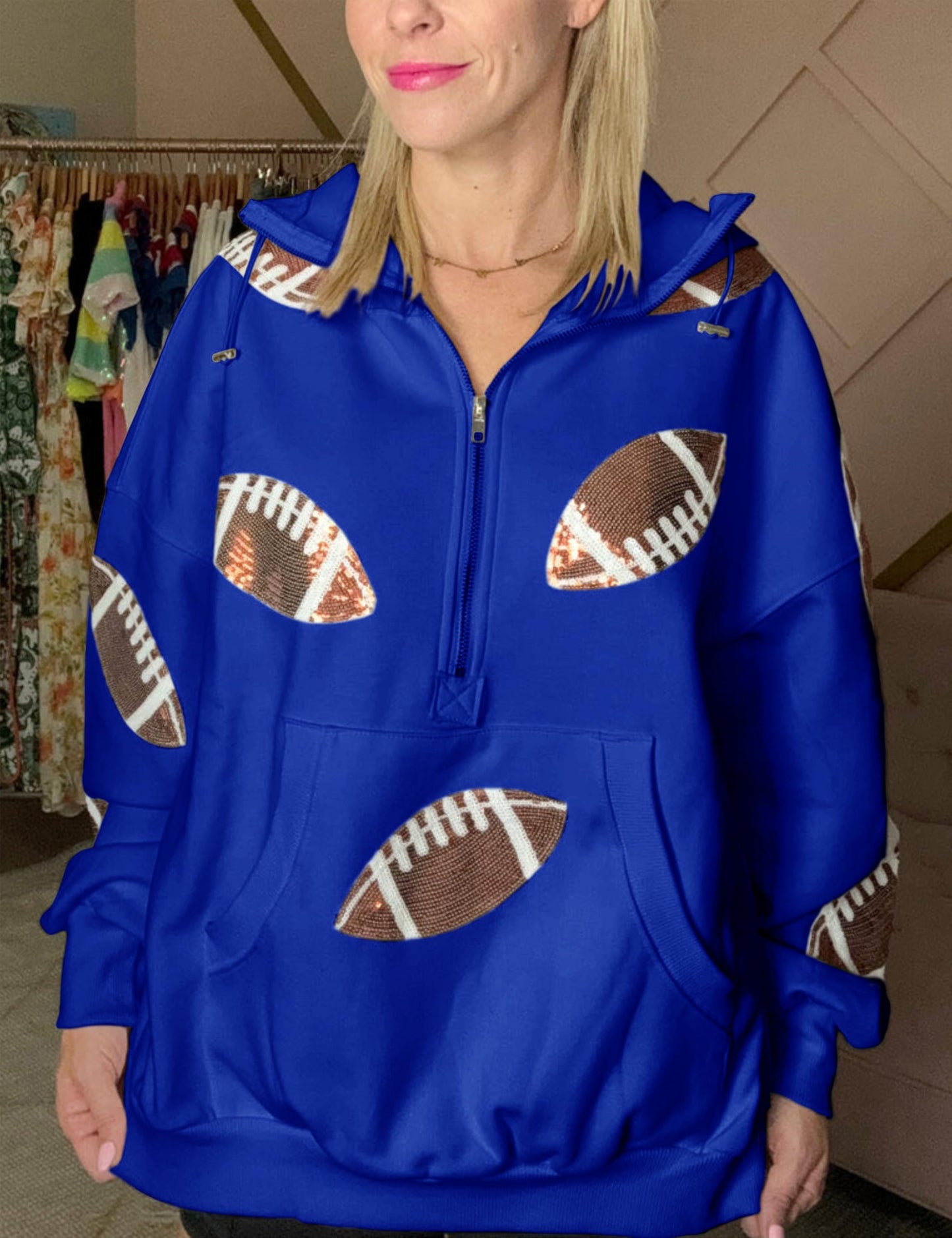 SeekMe Women Game Day Sweatshirt Sequin Football Hoodies Pullover Fall Top