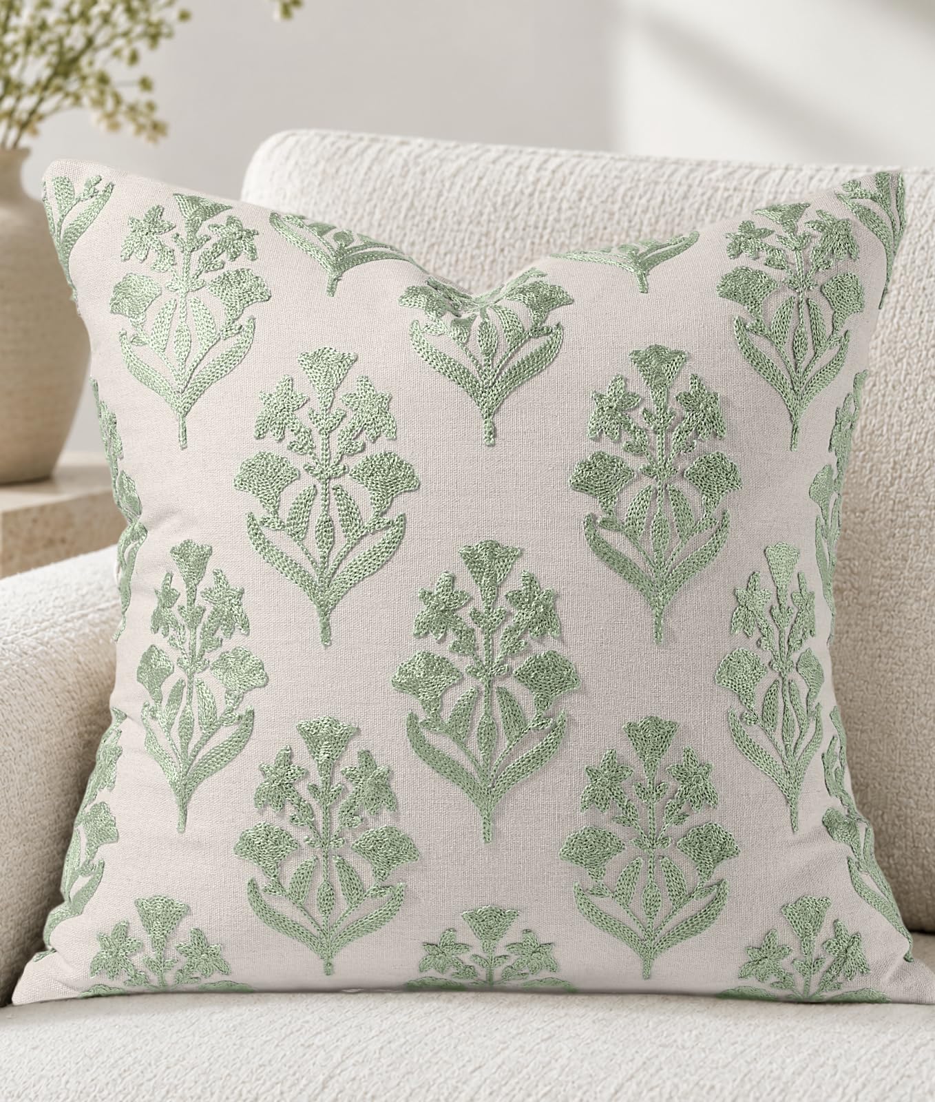 Linen Embroidered Throw Pillow Cover, 18x18 Inch, Khaki Bird
