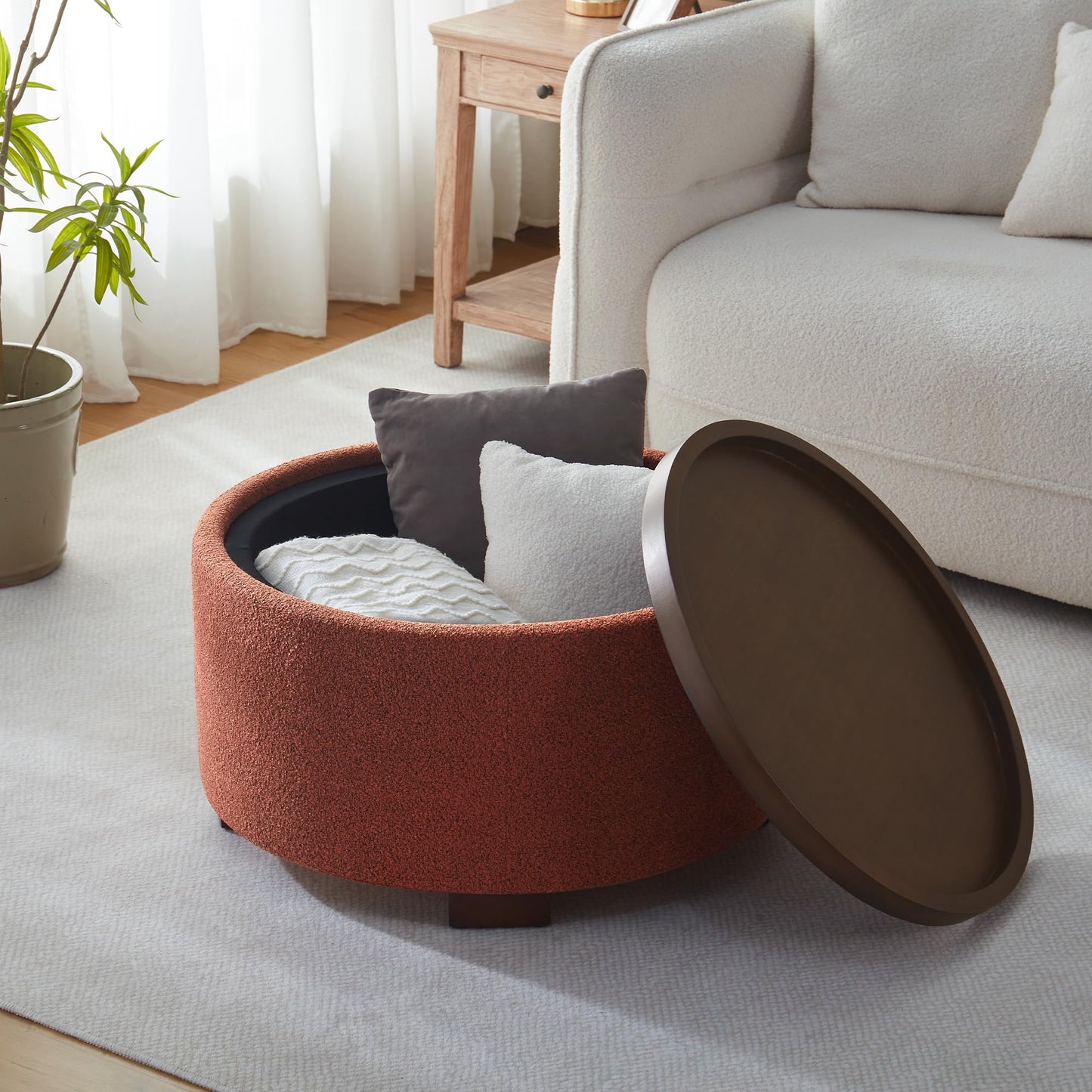 Zihanhome 30 Inch Round Storage Ottoman, Ottoman Coffee Table with Lift Off Lid, Boucle Modern Ottomans with Storage for Living Room, Bedroom, Apartments (Green)