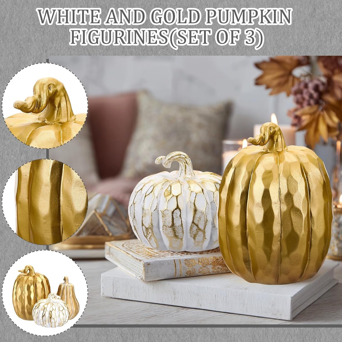 VioraWhite 3 Pack Fall Pumpkin Decor White Gold Resin Pumpkin Figurine