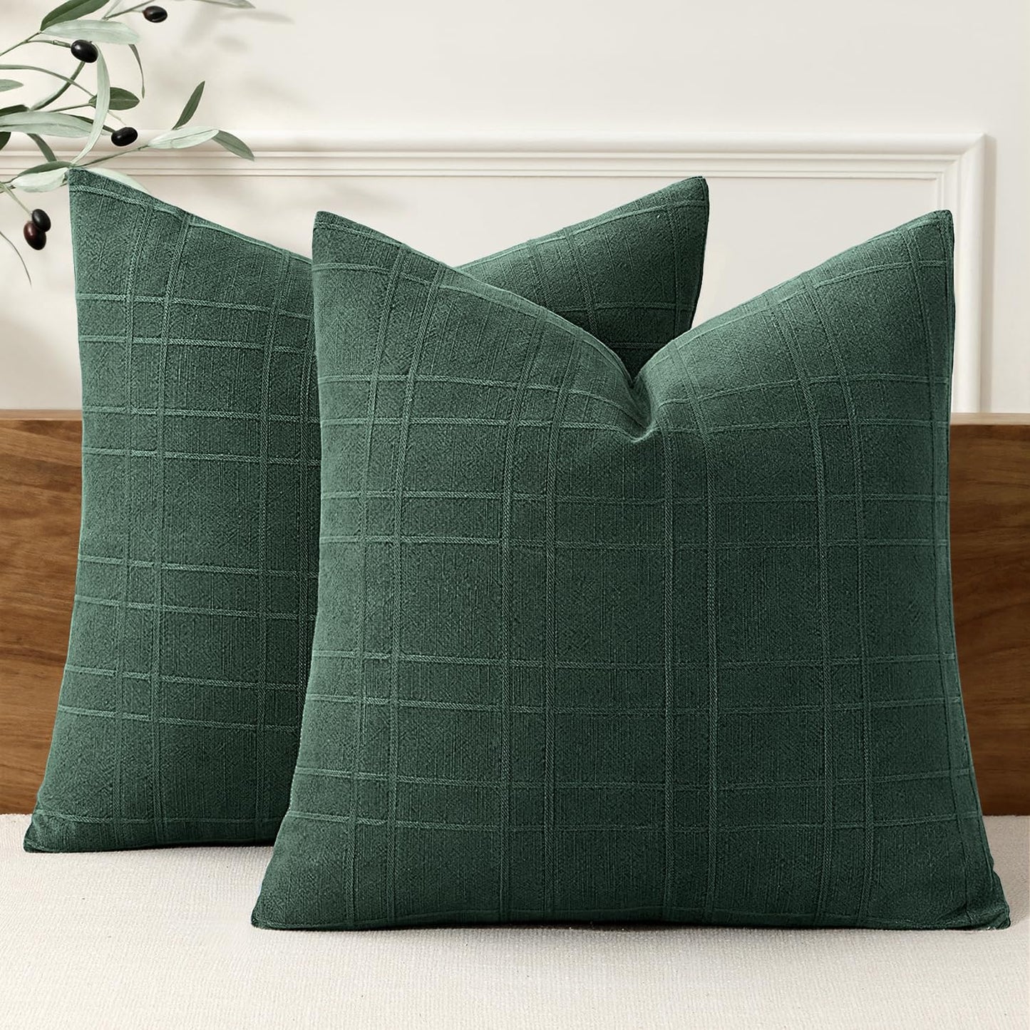 MIULEE Linen Plaid Pillow Covers Decorative 18x18 Dark Olive Green