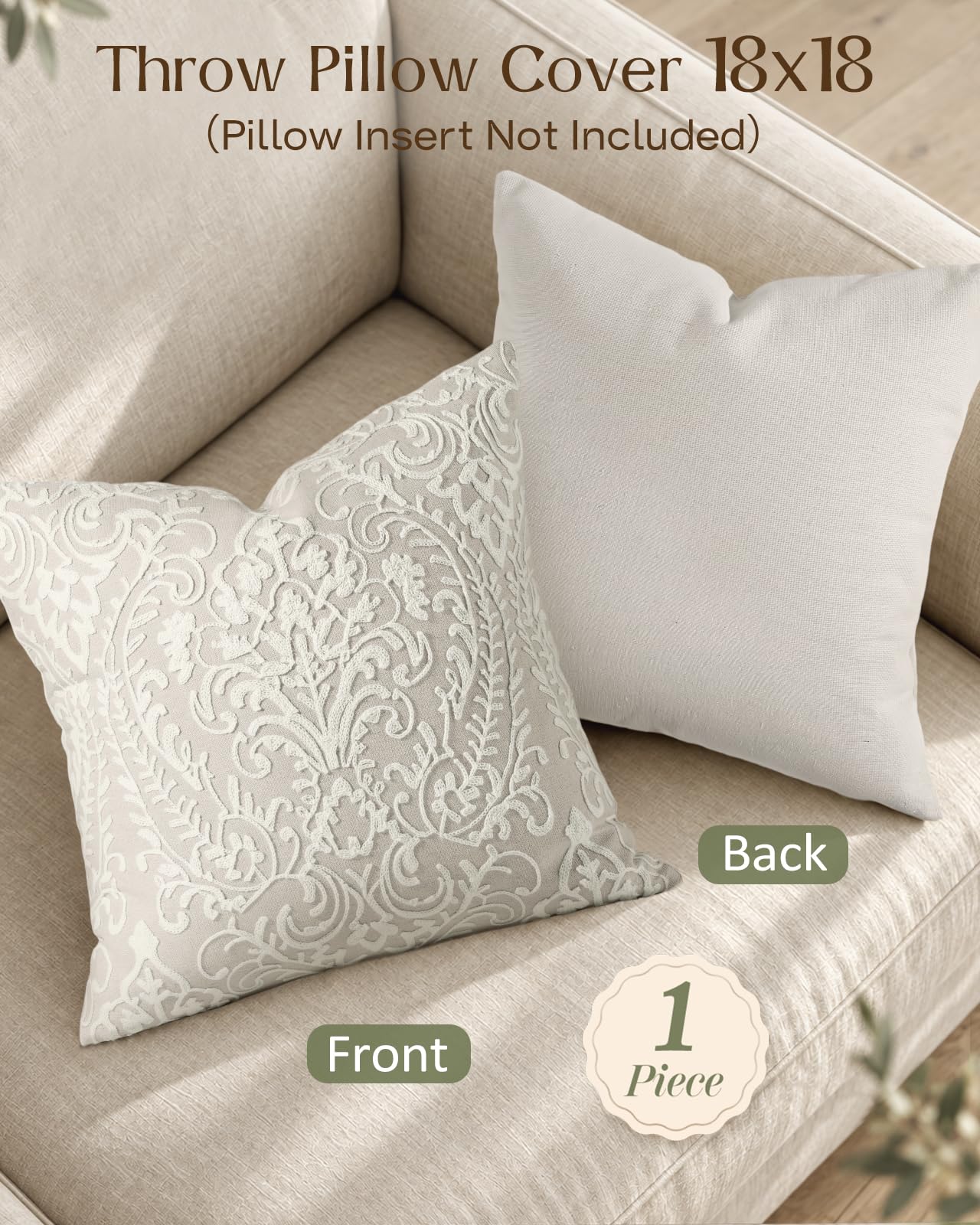 Linen Embroidered Throw Pillow Cover, 18x18 Inch, Khaki Bird