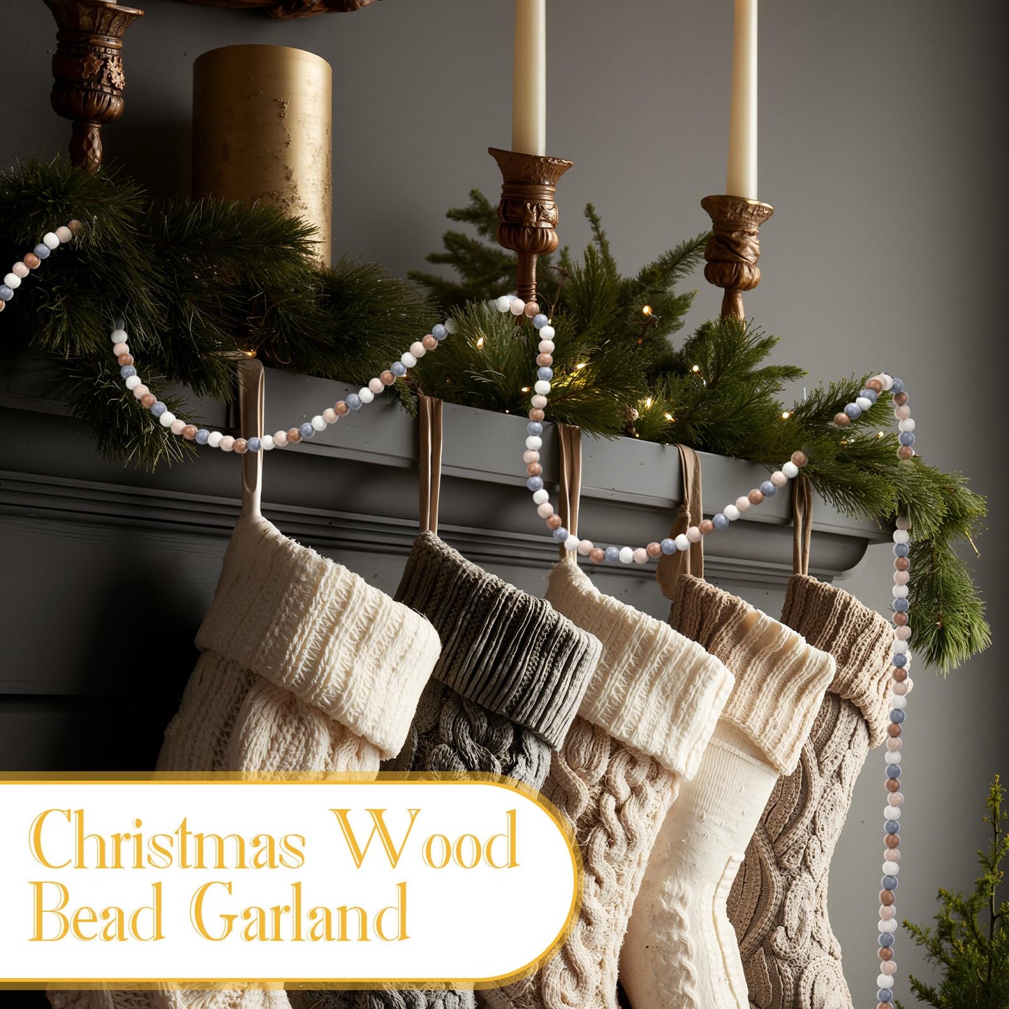 WILLBOND 16 Feet Wood Bead Garland Christmas Tree, Wood Color