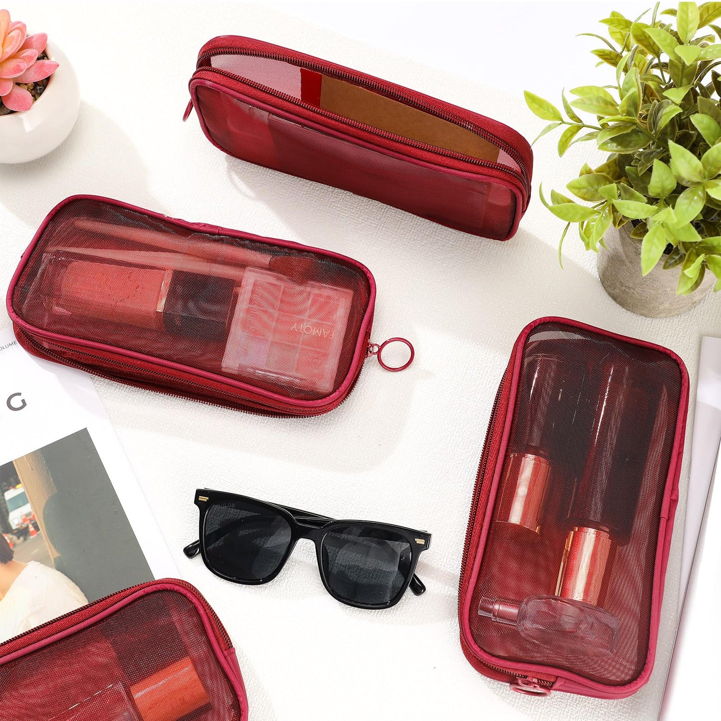 Weewooday 4Pcs Mesh Makeup Bag, Wine Red, Small, Large, Medium, Classic
