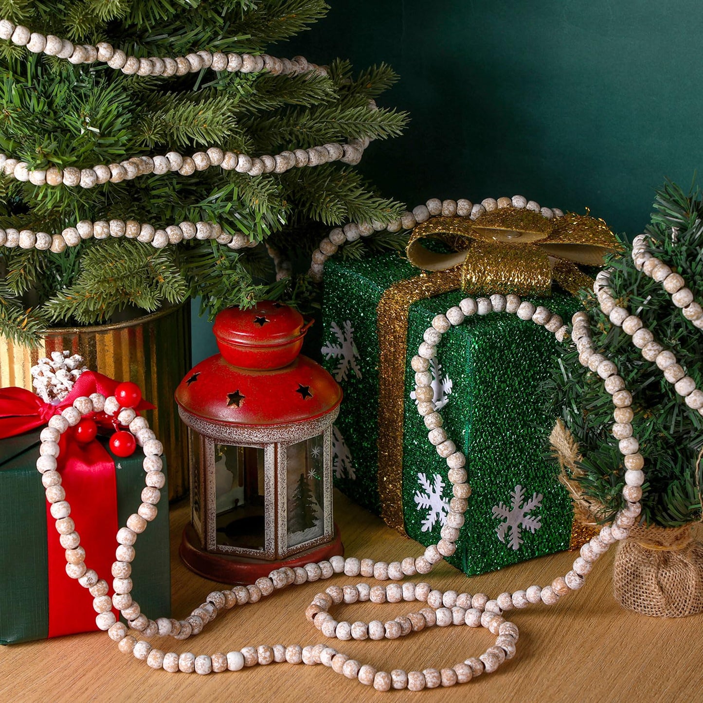 WILLBOND 16 Feet Wood Bead Garland Christmas Tree, Wood Color