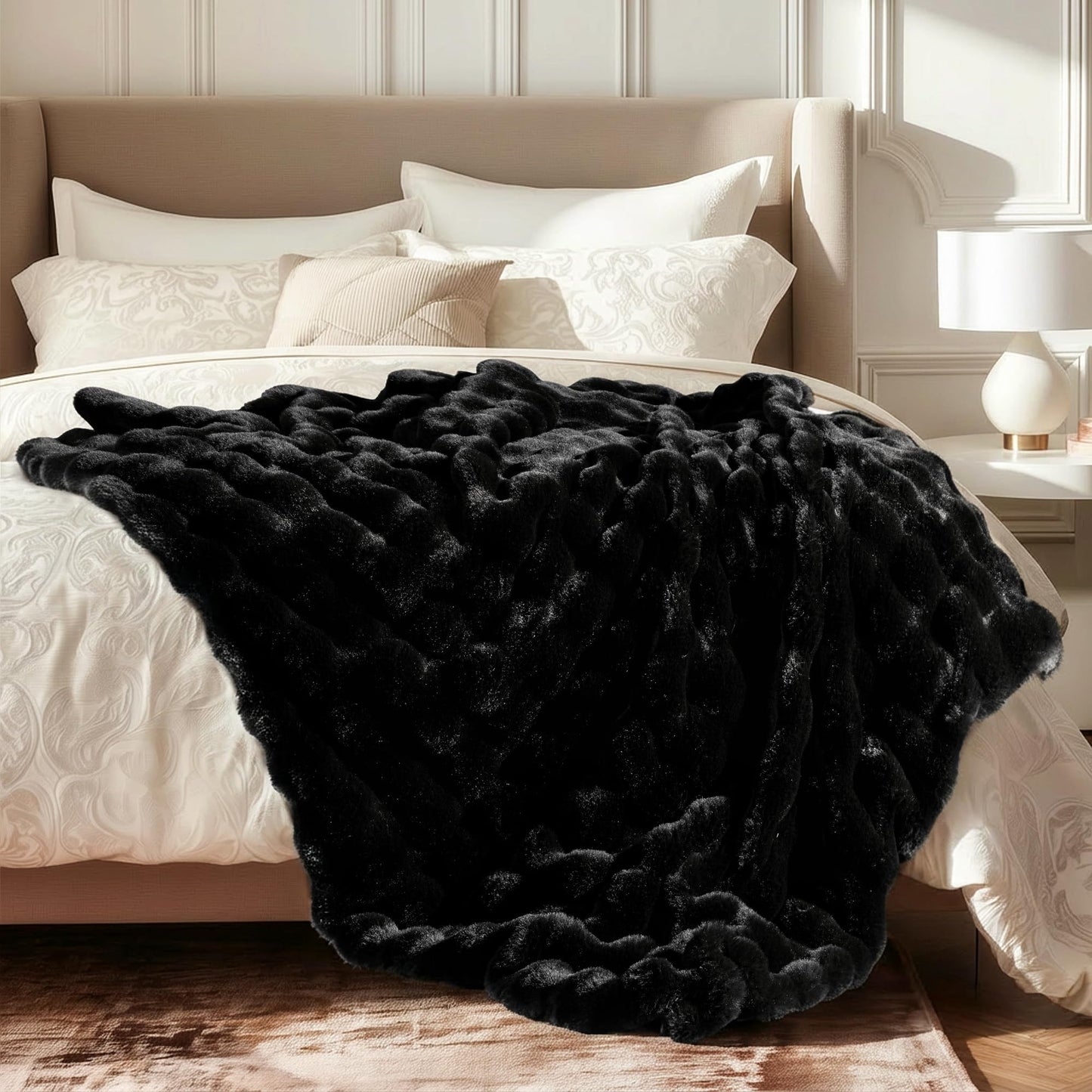 Ultra Soft Cozy Faux Fur Throw Blanket, Fuzzy Plush Thick Bubble Blanket, Oversize Luxury Fluffy Blanket for Couch, Sofa, Bedroom, and Living Room, 50x60 Inches, Light Brown