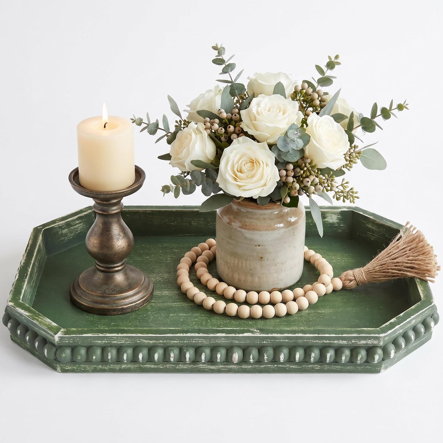 Hrastany Wood Rustic Serving Tray with Beads, Farmhouse Brown Decorative Tray for Table Centerpiece, Christmas Wedding Halloween Home Decor