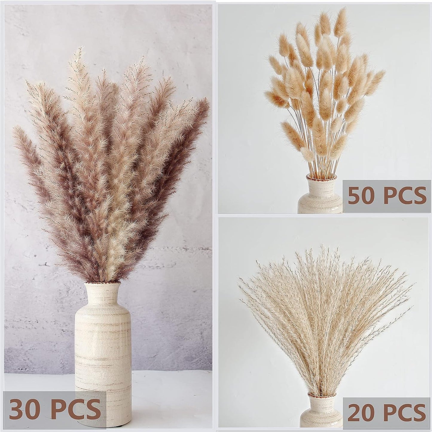 Dried Pampas Grass Decor, 100 Stems Pampas Grass Contains Bunny Tails Dried Flowers, Reed Grass Bouquet for Wedding Boho Flowers Home Table Decor, Rustic Farmhouse Party (17", White and Brown)