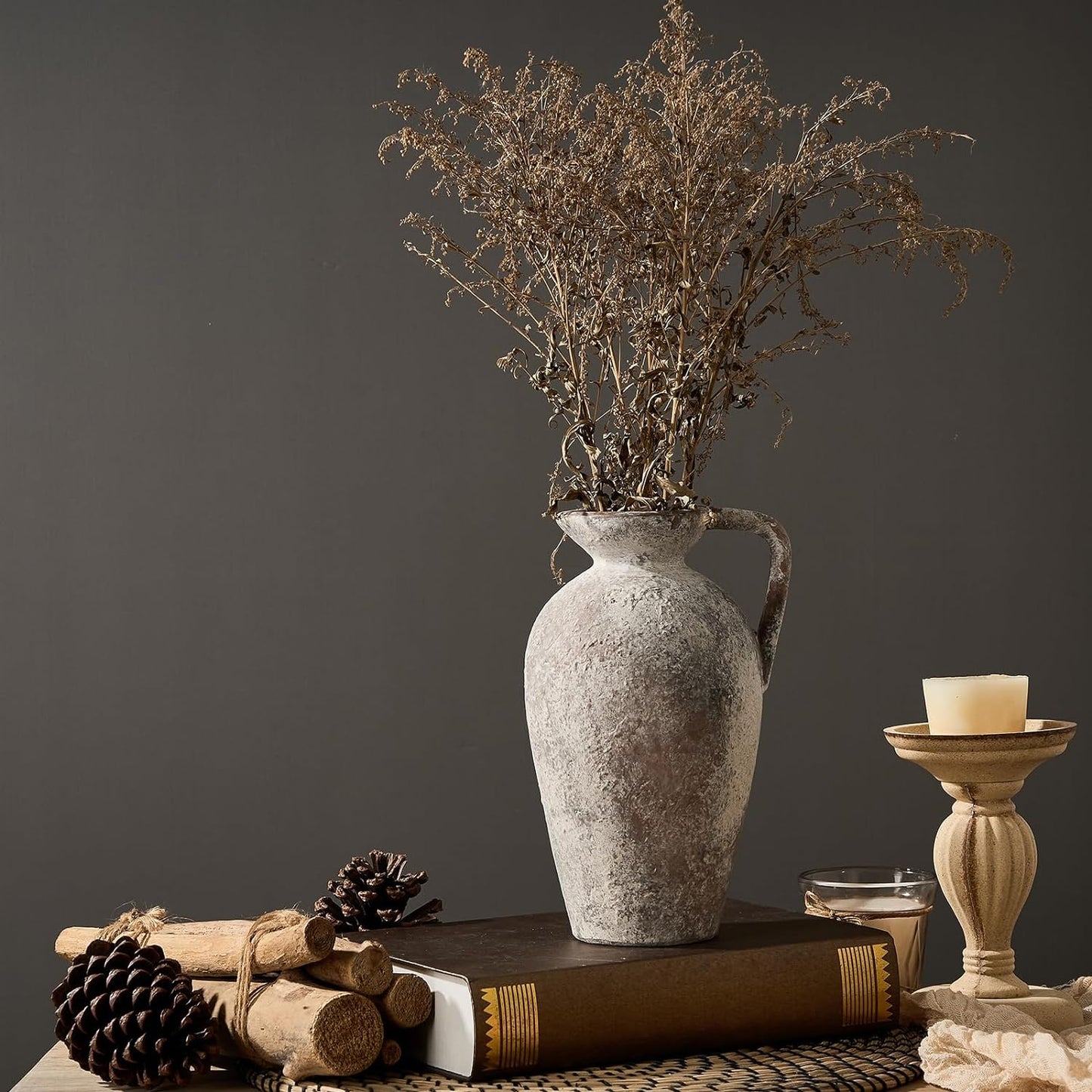 Ceramic Rustic Farmhouse Vase,9.25 inch Terracotta Vase with Handle