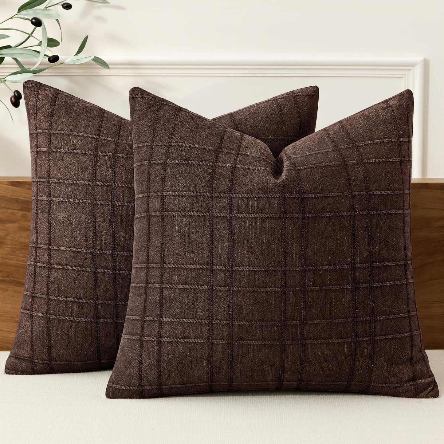 MIULEE Linen Plaid Pillow Covers Decorative 18x18 Dark Olive Green