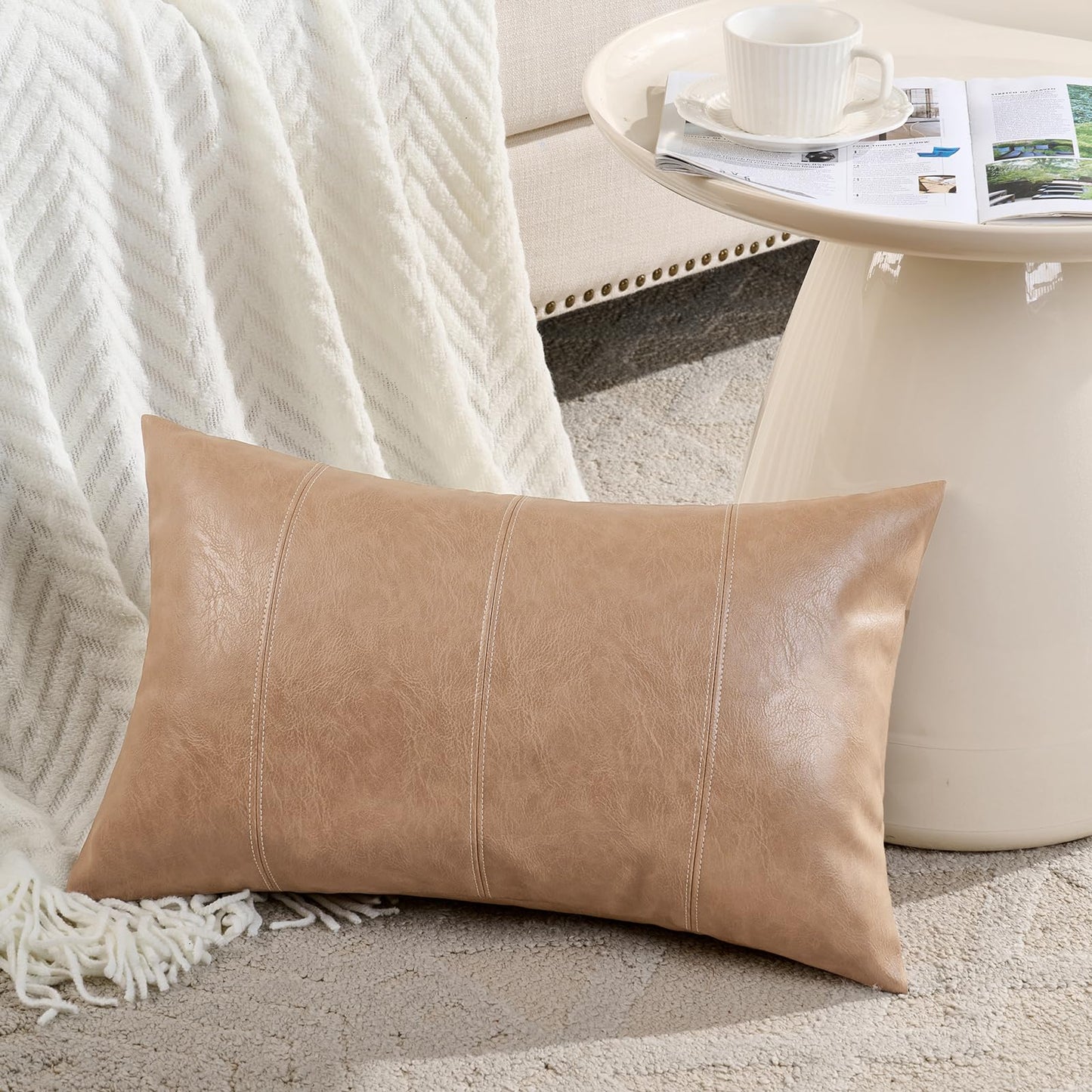 Fancy Homi Brown Boho Long Lumbar Faux Leather Body Decorative Throw Pillow Cover 14x36 Inch for Bedroom Couch Bed Bench, Thick Stylish Solid Rectangle Pillowcase, Rustic Modern Farmhouse Room Decor