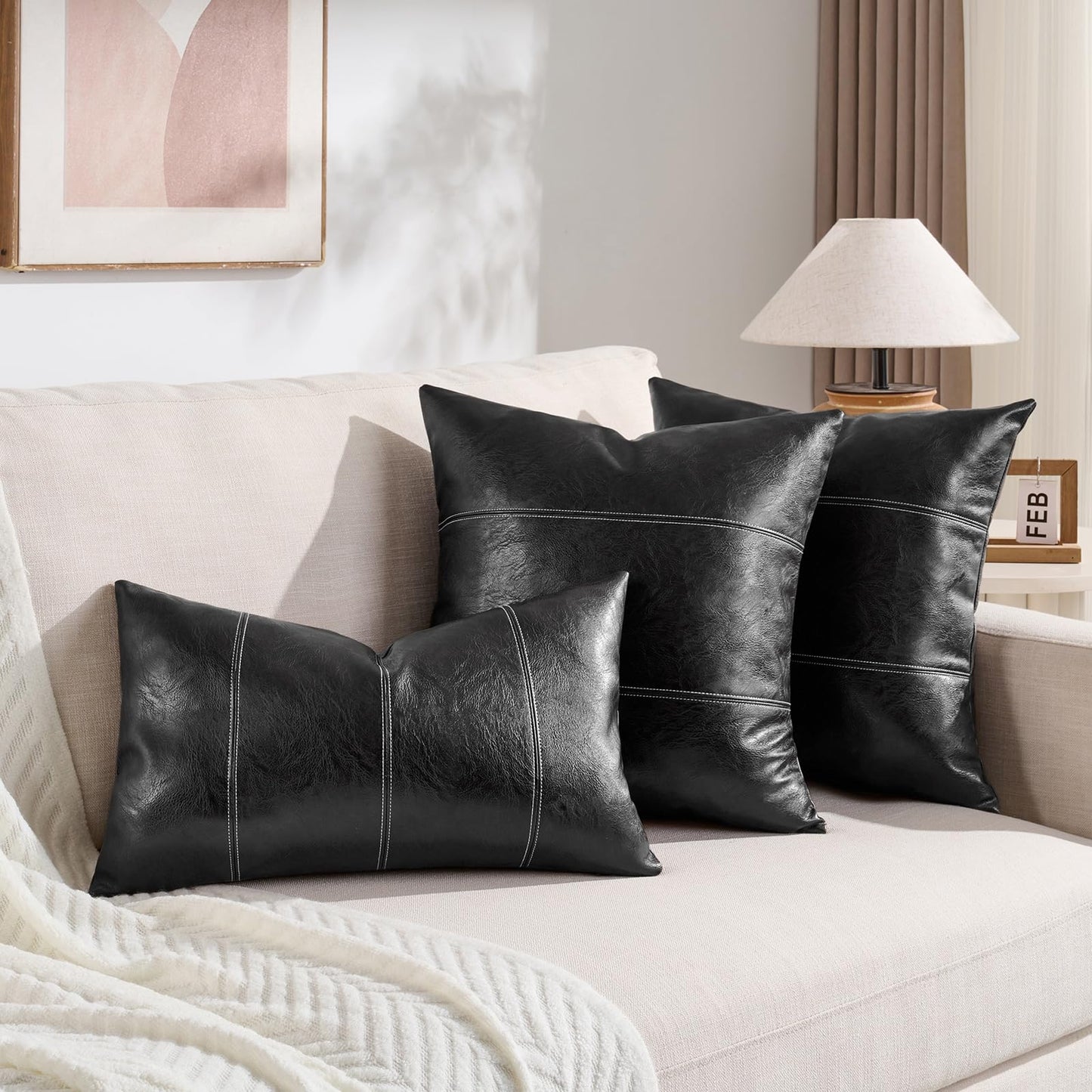Fancy Homi Brown Boho Long Lumbar Faux Leather Body Decorative Throw Pillow Cover 14x36 Inch for Bedroom Couch Bed Bench, Thick Stylish Solid Rectangle Pillowcase, Rustic Modern Farmhouse Room Decor