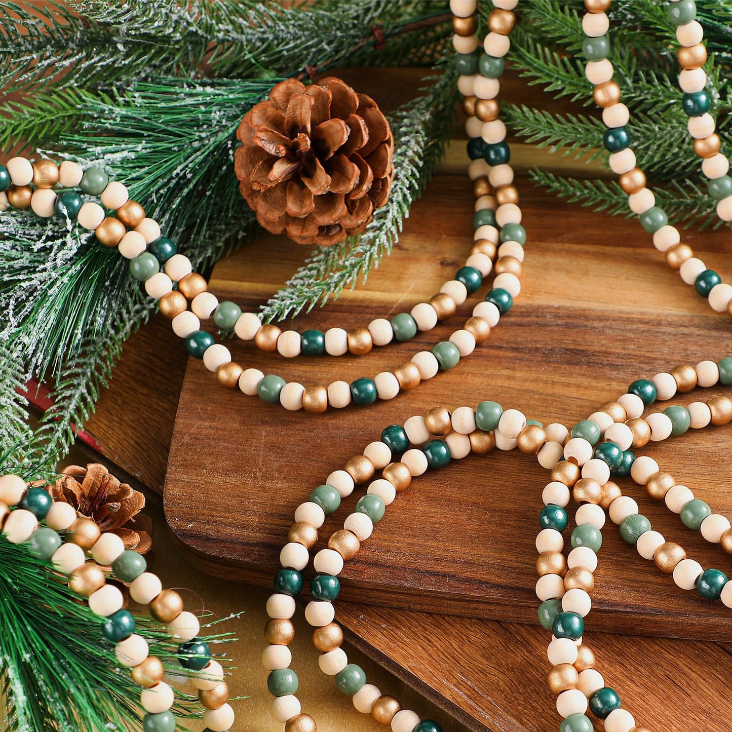 WILLBOND 16 Feet Wood Bead Garland Christmas Tree, Wood Color