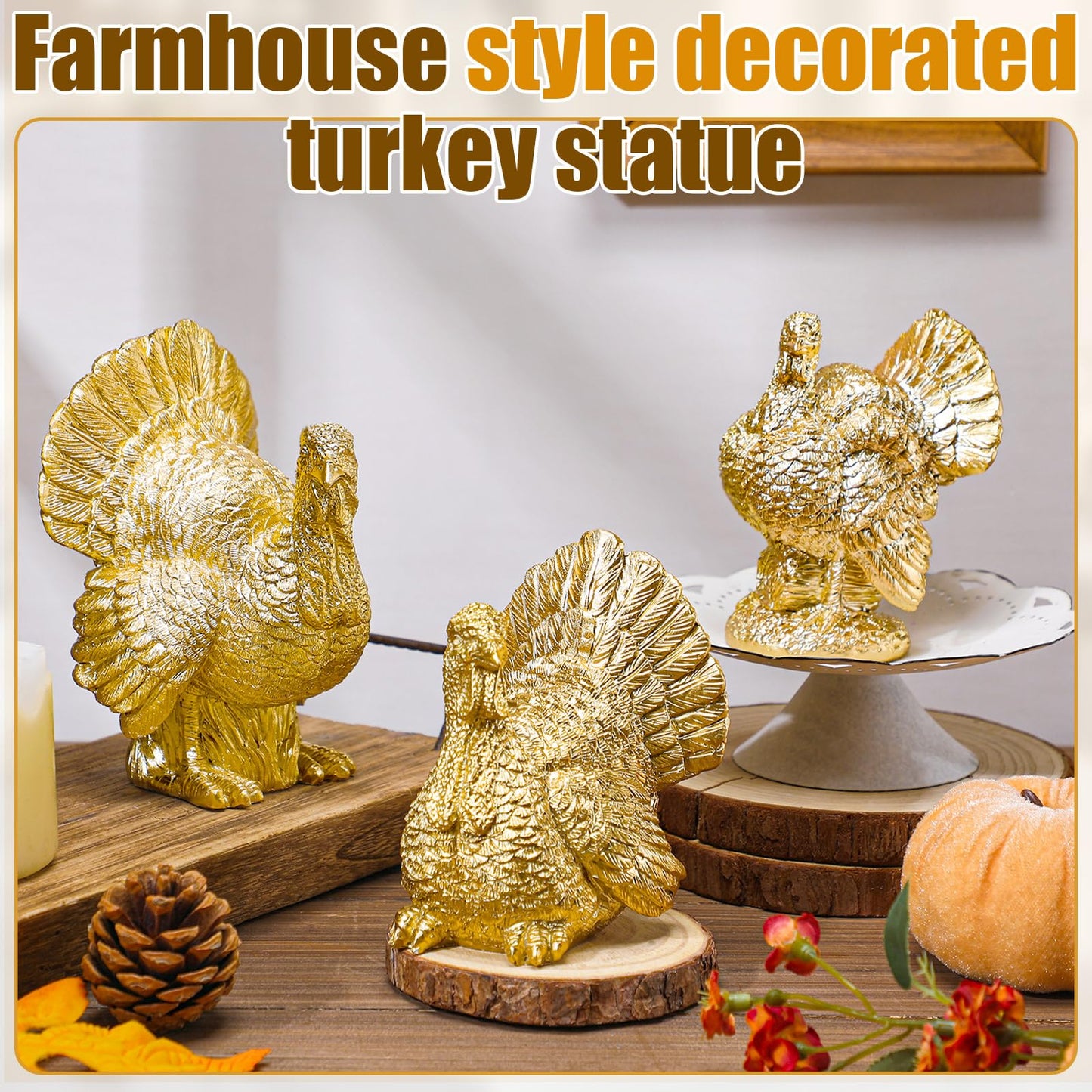VioraWhite 3 Pack Fall Pumpkin Decor White Gold Resin Pumpkin Figurine