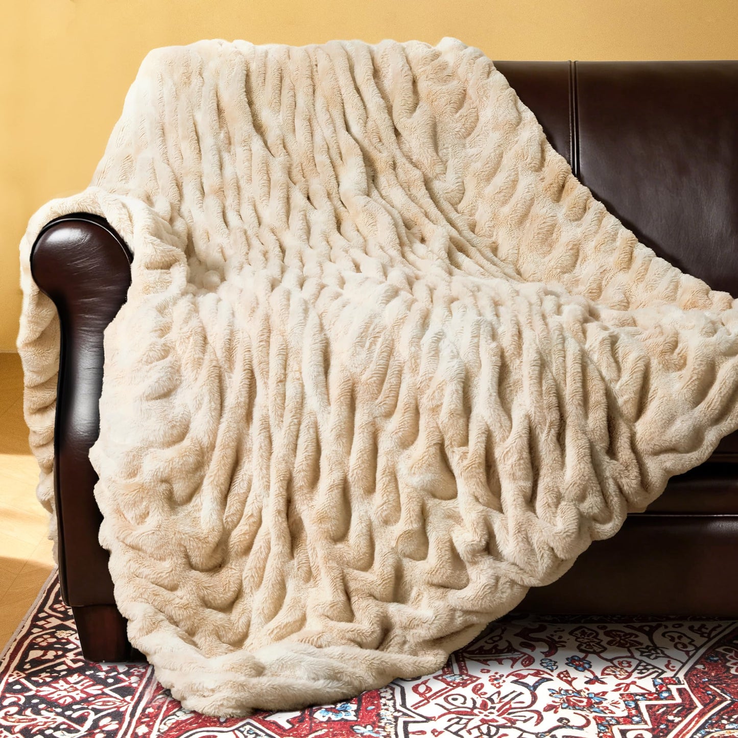 Ultra Soft Cozy Faux Fur Throw Blanket, Fuzzy Plush Thick Bubble Blanket, Oversize Luxury Fluffy Blanket for Couch, Sofa, Bedroom, and Living Room, 50x60 Inches, Light Brown