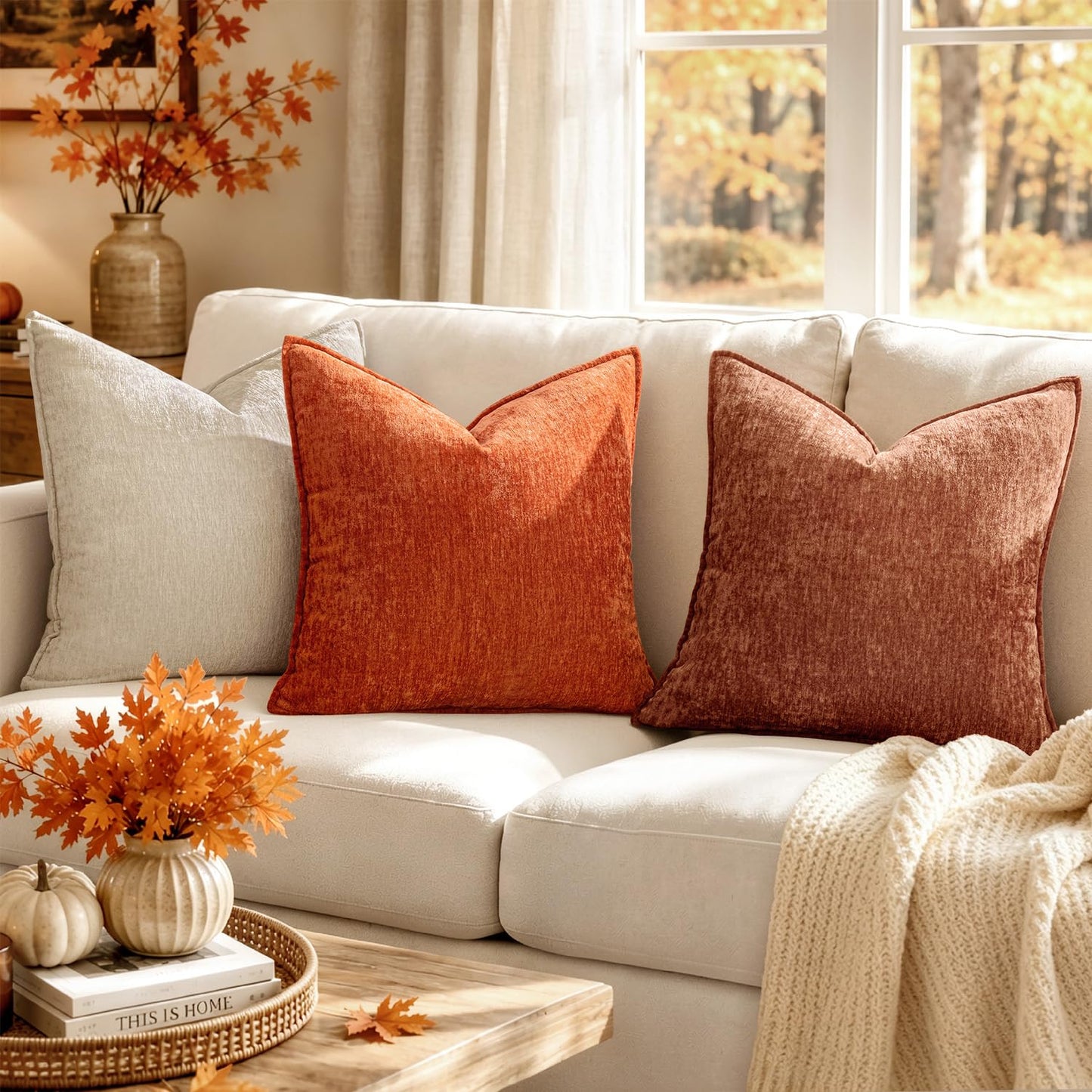 MIULEE Chenille Couch Pillow Covers Fall for Living Room 18x18 Dark Brown