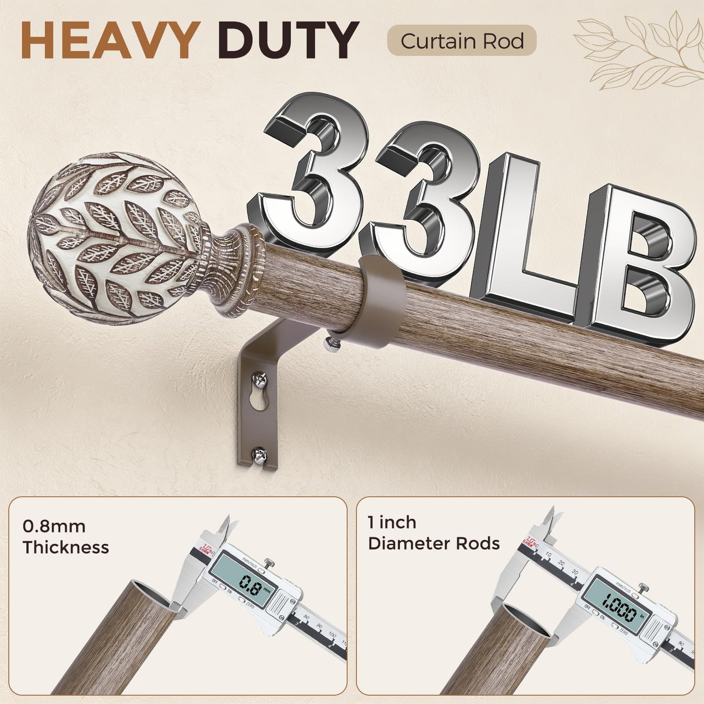 Curtain Rod 36-91 Inch, Boho Wood 1 Inch Curtain Rods for Windows