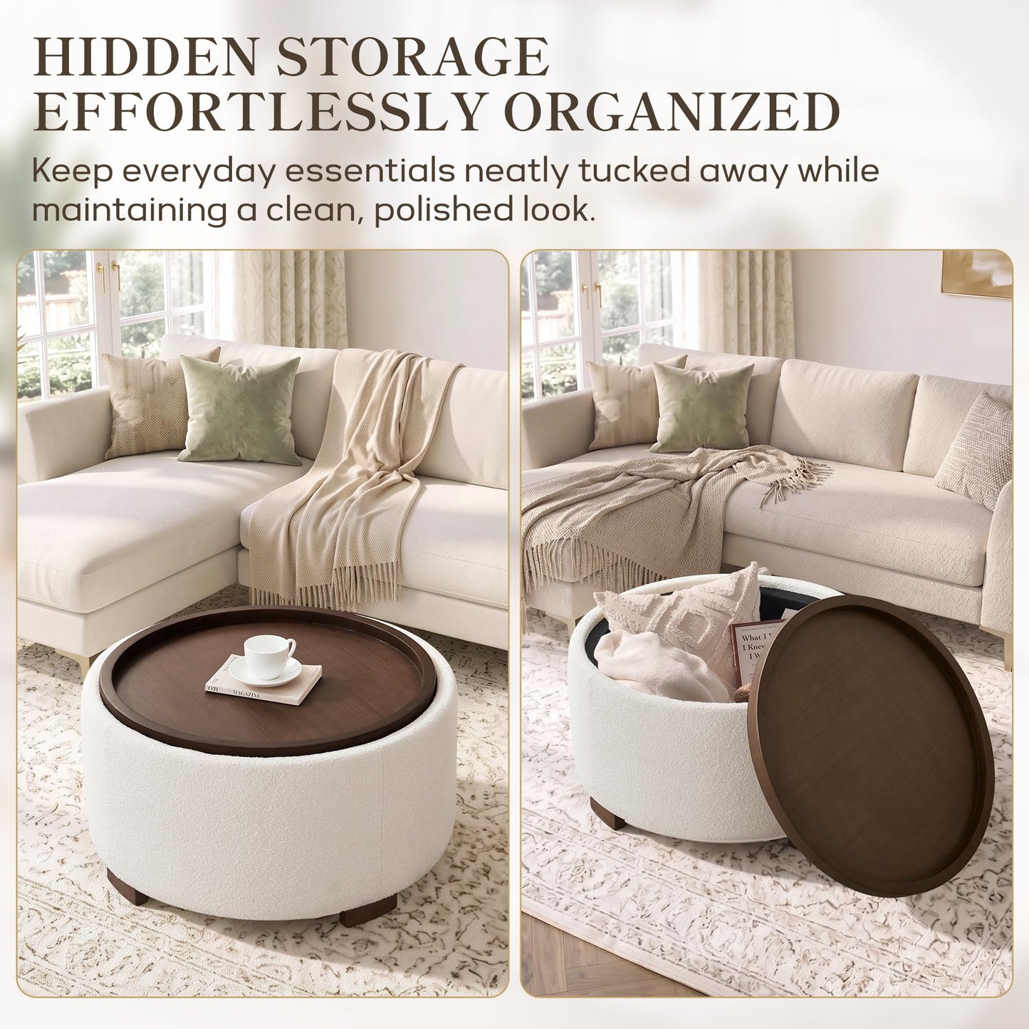 Zihanhome 30 Inch Round Storage Ottoman, Ottoman Coffee Table with Lift Off Lid, Boucle Modern Ottomans with Storage for Living Room, Bedroom, Apartments (Green)
