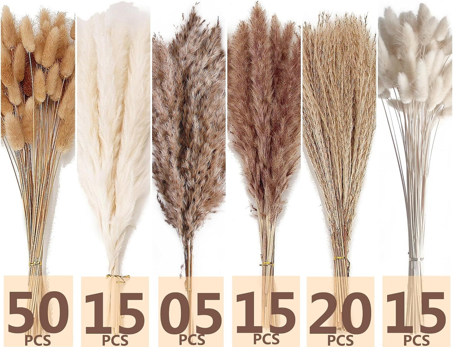 Dried Pampas Grass Decor, 100 Stems Pampas Grass Contains Bunny Tails Dried Flowers, Reed Grass Bouquet for Wedding Boho Flowers Home Table Decor, Rustic Farmhouse Party (17", White and Brown)