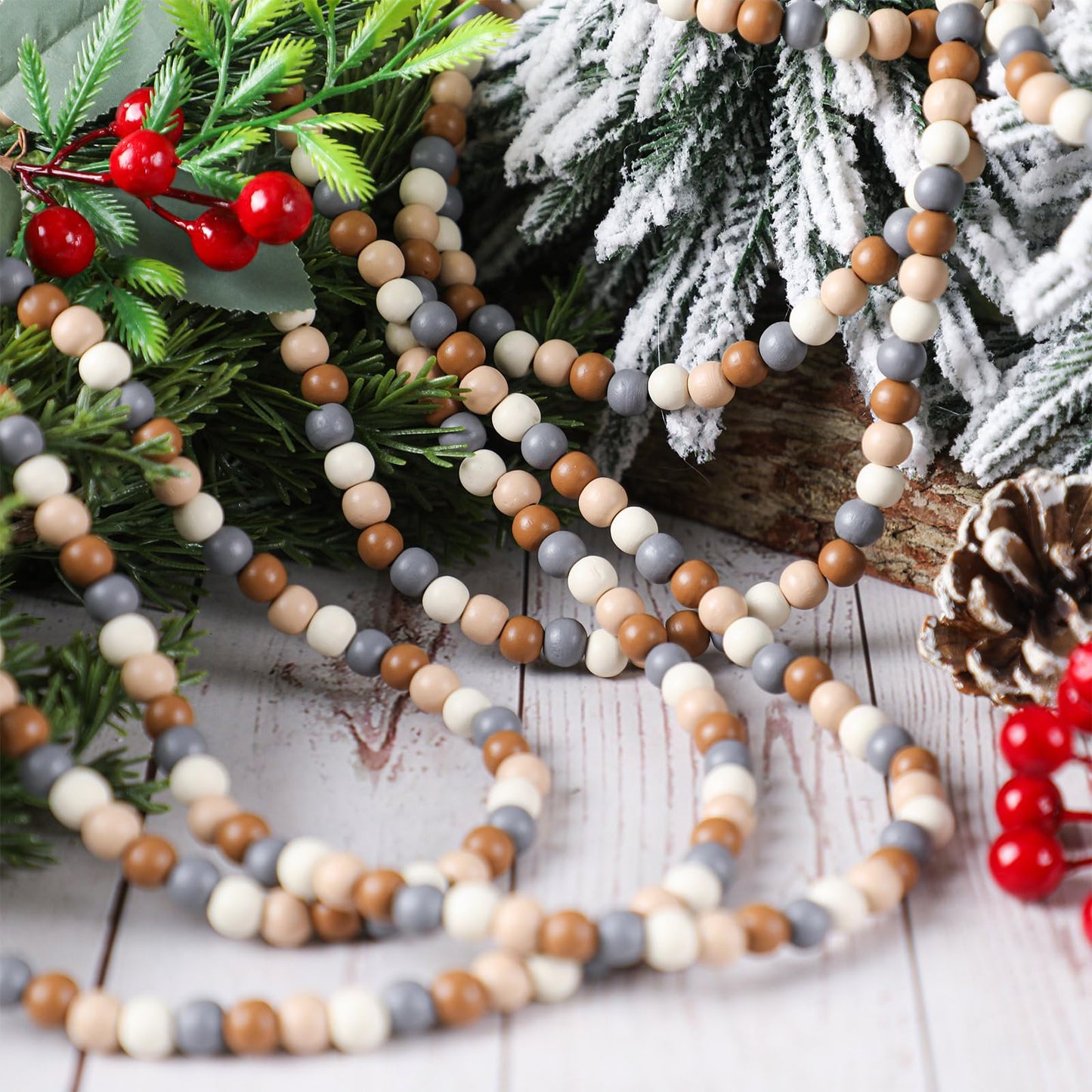 WILLBOND 16 Feet Wood Bead Garland Christmas Tree, Wood Color