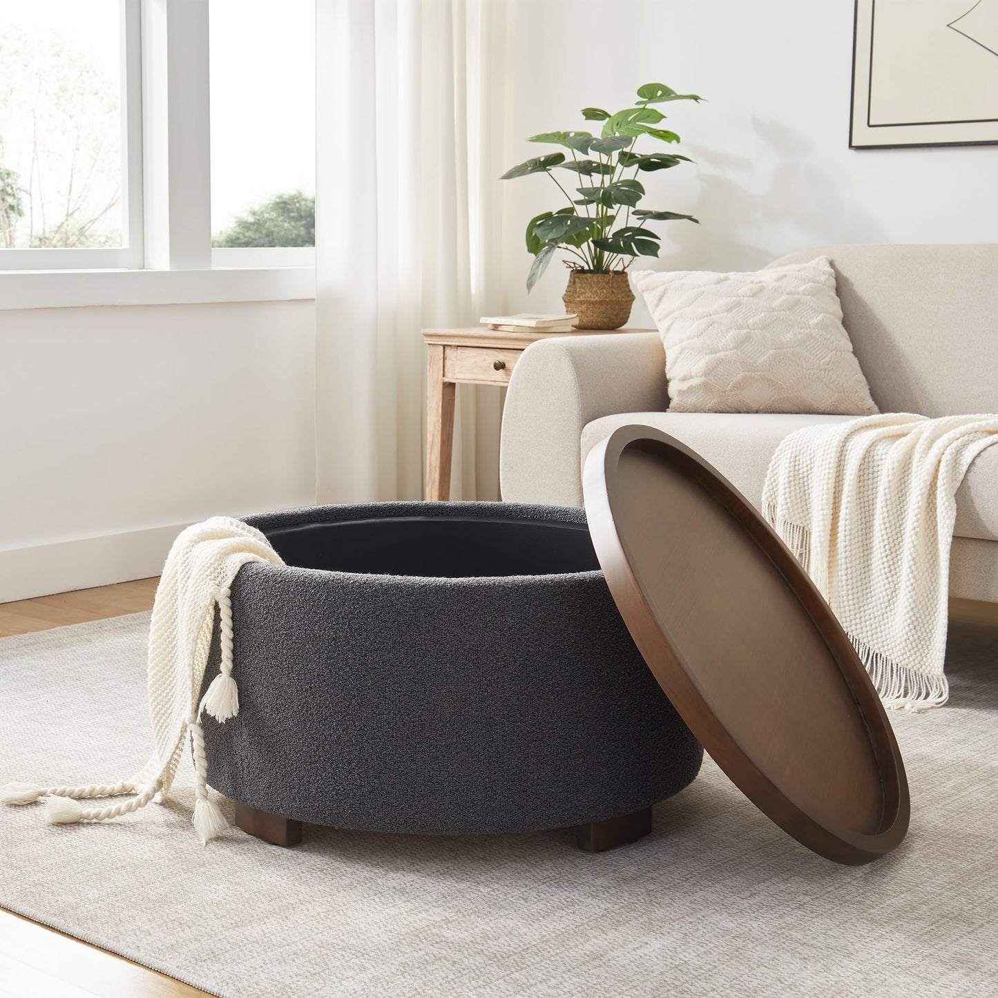 Zihanhome 30 Inch Round Storage Ottoman, Ottoman Coffee Table with Lift Off Lid, Boucle Modern Ottomans with Storage for Living Room, Bedroom, Apartments (Green)