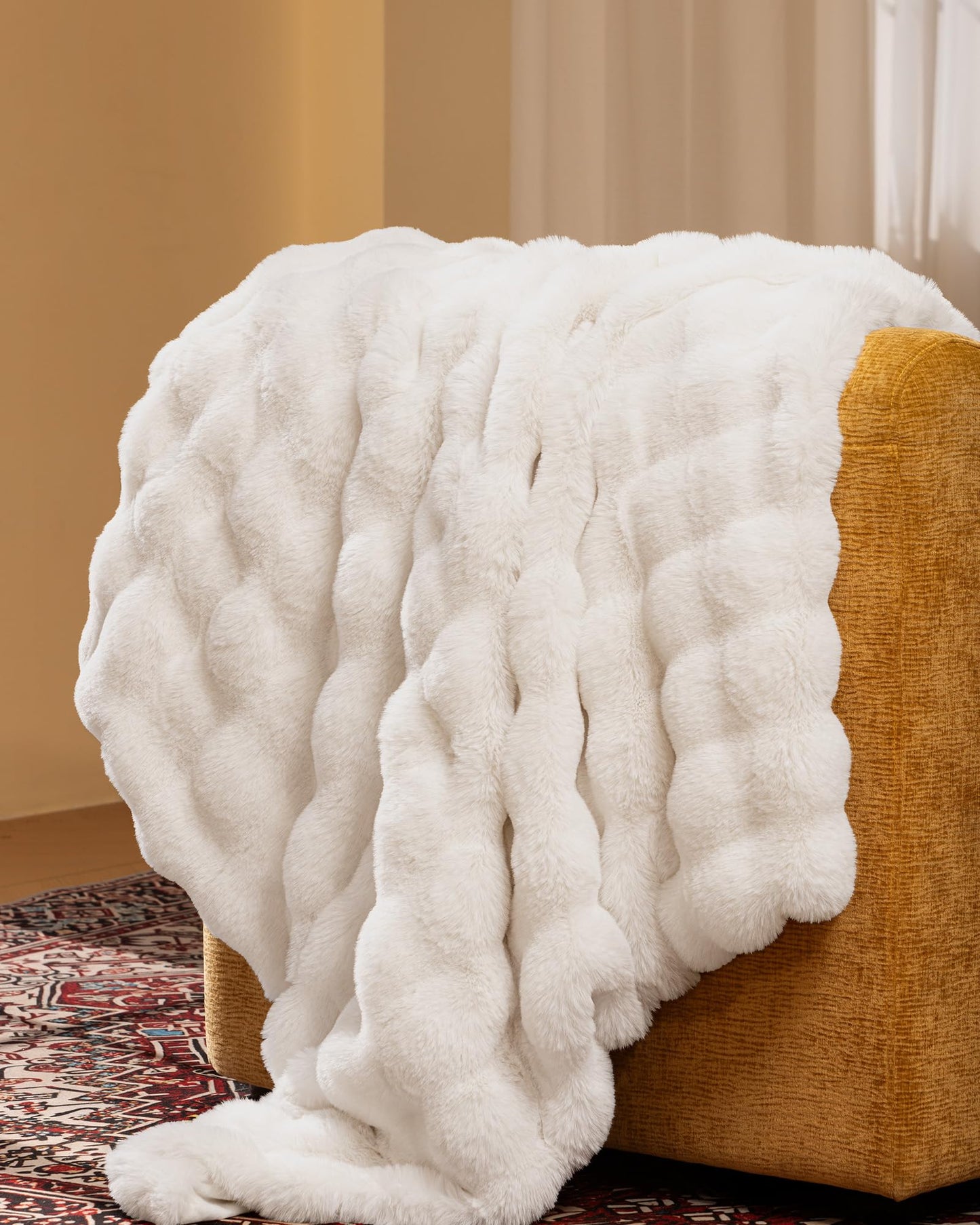 Ultra Soft Cozy Faux Fur Throw Blanket, Fuzzy Plush Thick Bubble Blanket, Oversize Luxury Fluffy Blanket for Couch, Sofa, Bedroom, and Living Room, 50x60 Inches, Light Brown