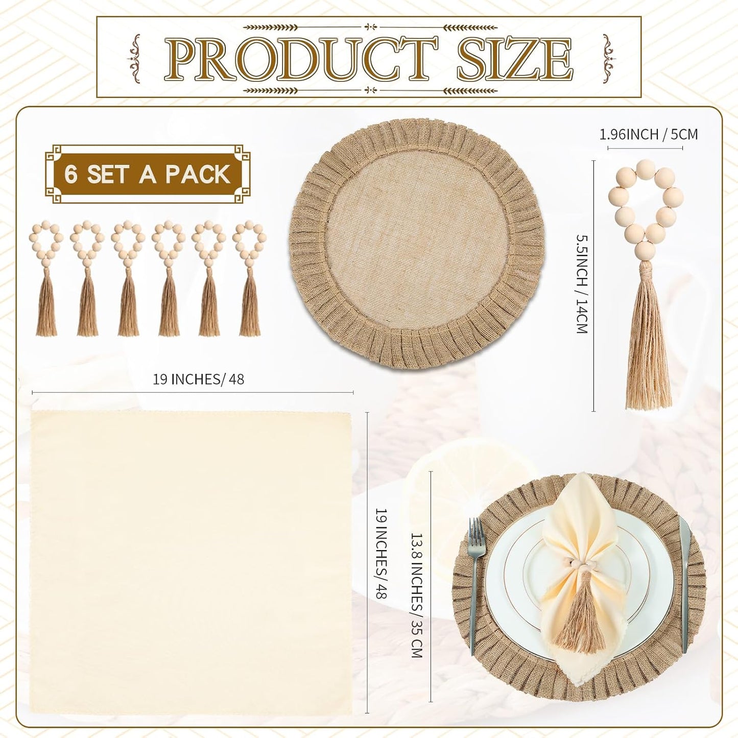 Gejoy 18 Pcs Burlap Placemat Wood Napkin Ring Dinner Napkin, Natural