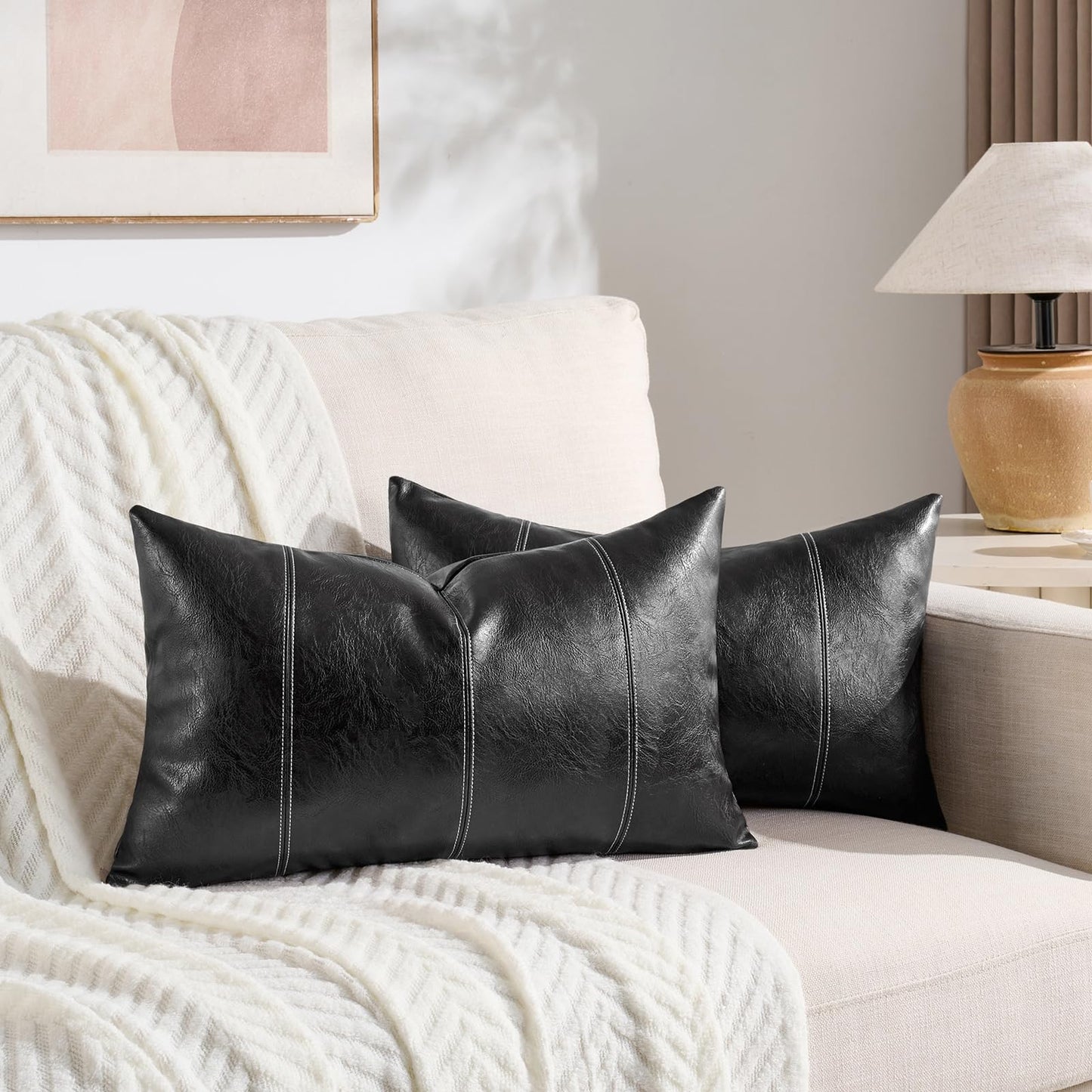 Fancy Homi Brown Boho Long Lumbar Faux Leather Body Decorative Throw Pillow Cover 14x36 Inch for Bedroom Couch Bed Bench, Thick Stylish Solid Rectangle Pillowcase, Rustic Modern Farmhouse Room Decor