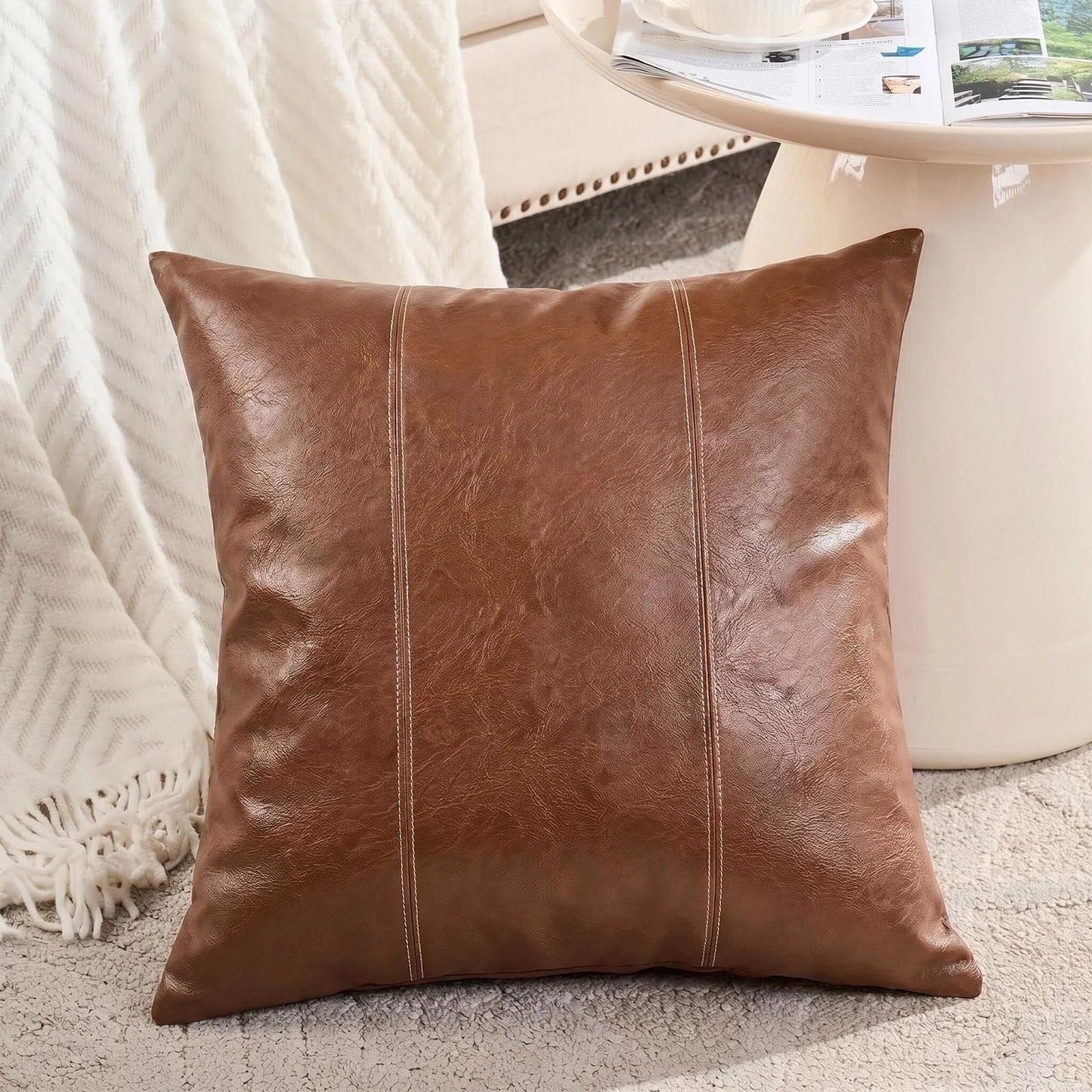 Fancy Homi Brown Boho Long Lumbar Faux Leather Body Decorative Throw Pillow Cover 14x36 Inch for Bedroom Couch Bed Bench, Thick Stylish Solid Rectangle Pillowcase, Rustic Modern Farmhouse Room Decor